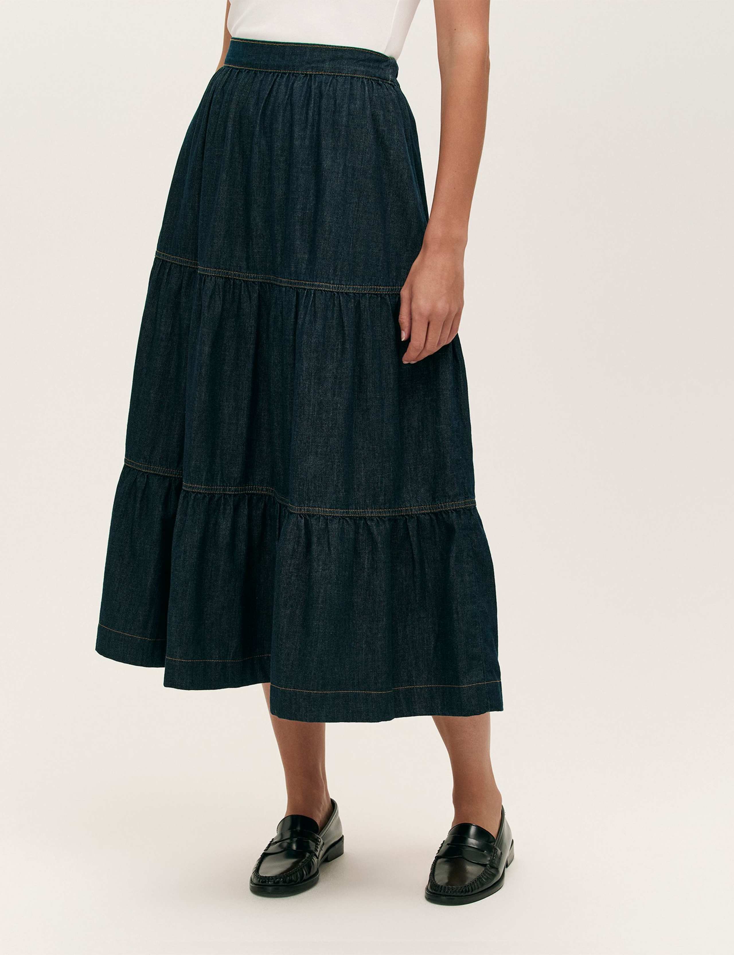 Denim Midi Tiered Skirt