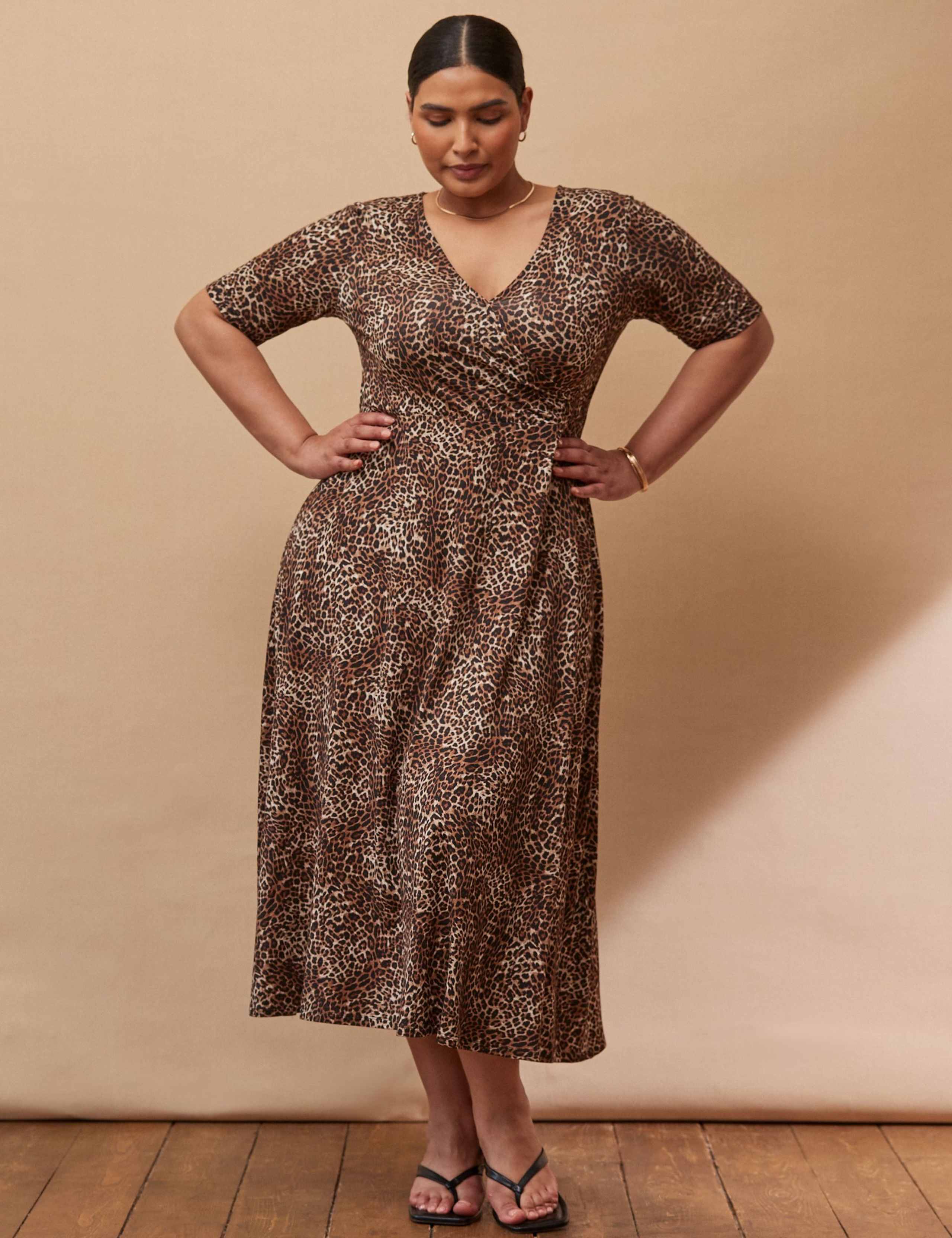 Animal Print V-Neck Midi Wrap Dress