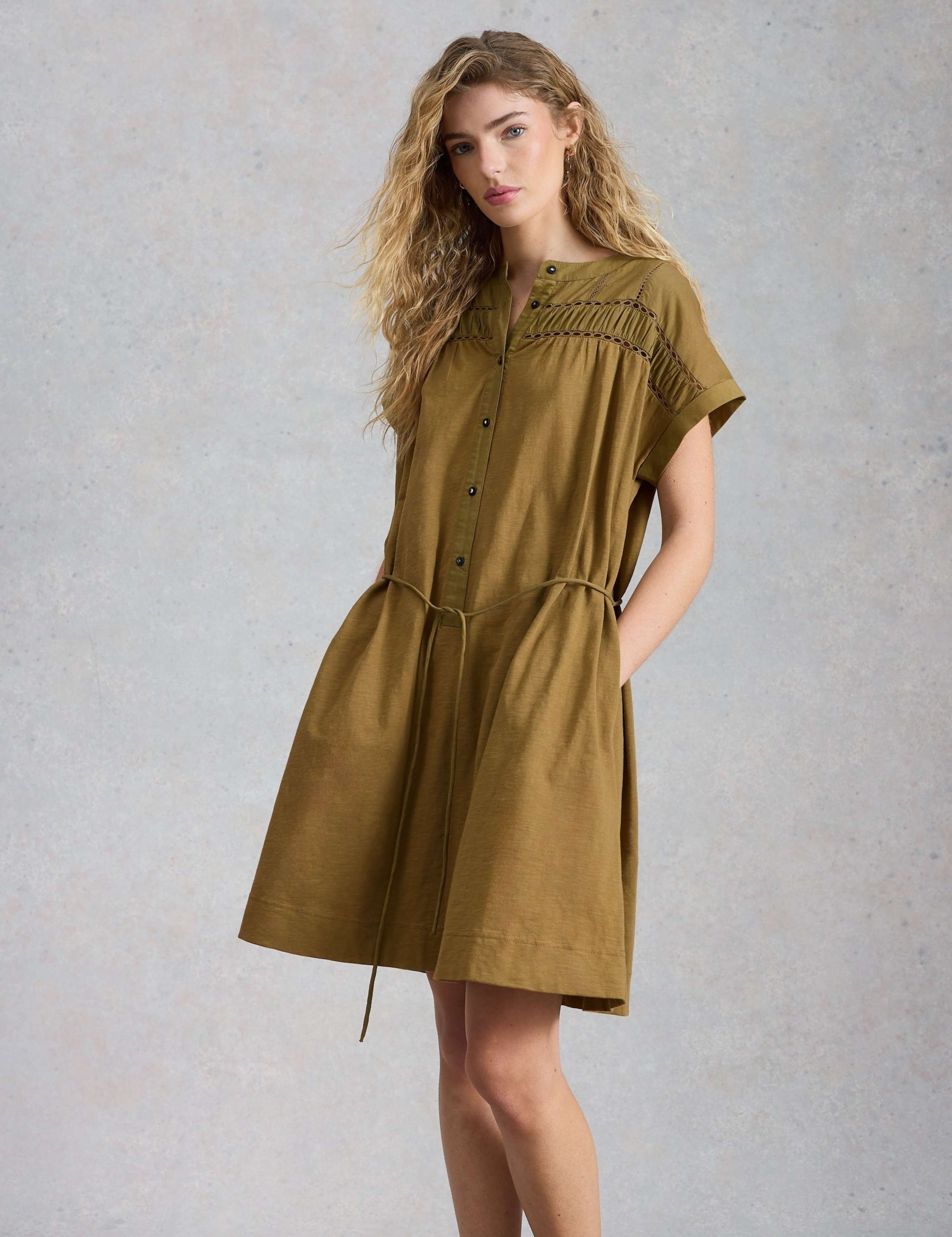 Pure Cotton Tie Waist Knee Length Shirt Dress