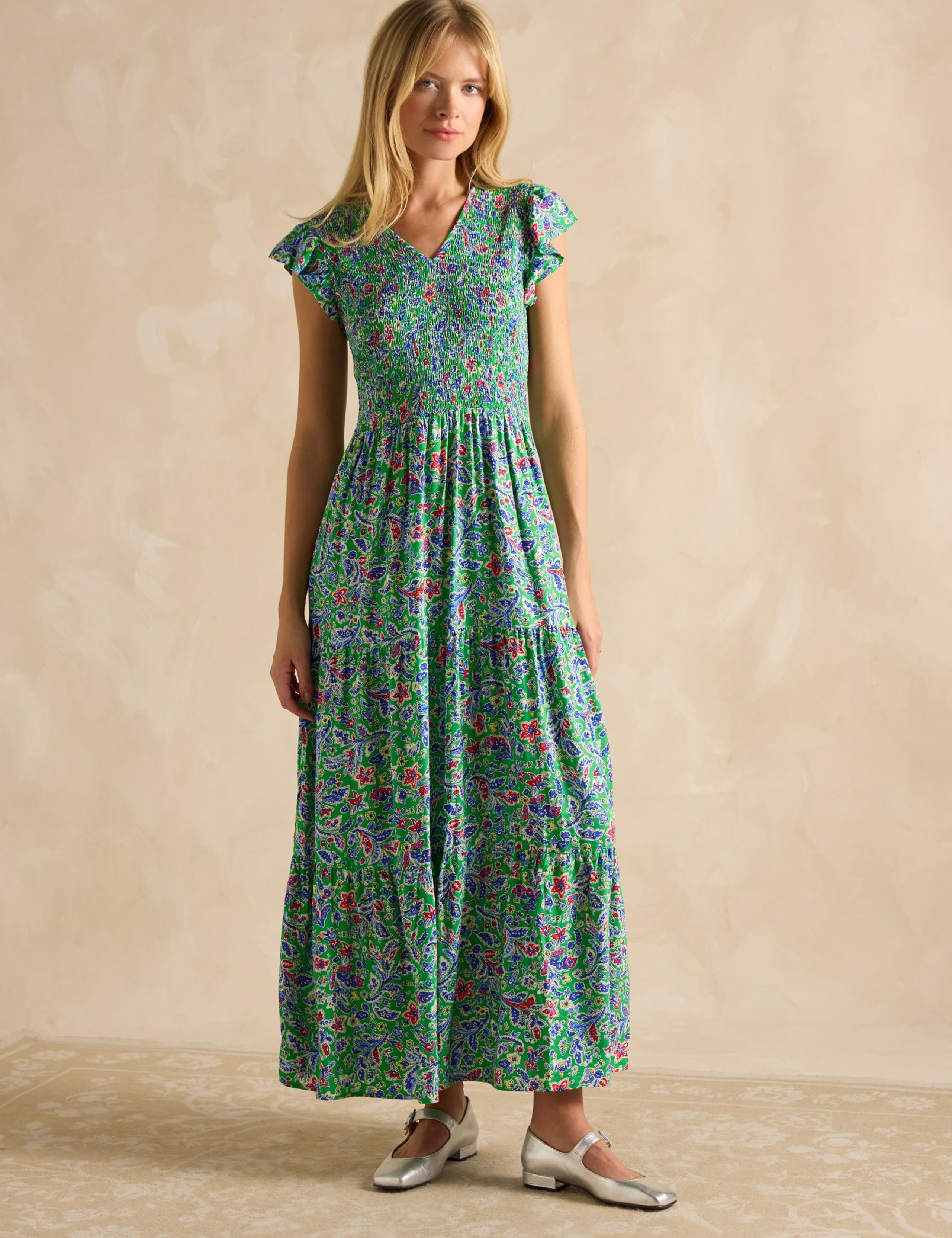 Floral Shirred V-Neck Maxi Tiered Dress