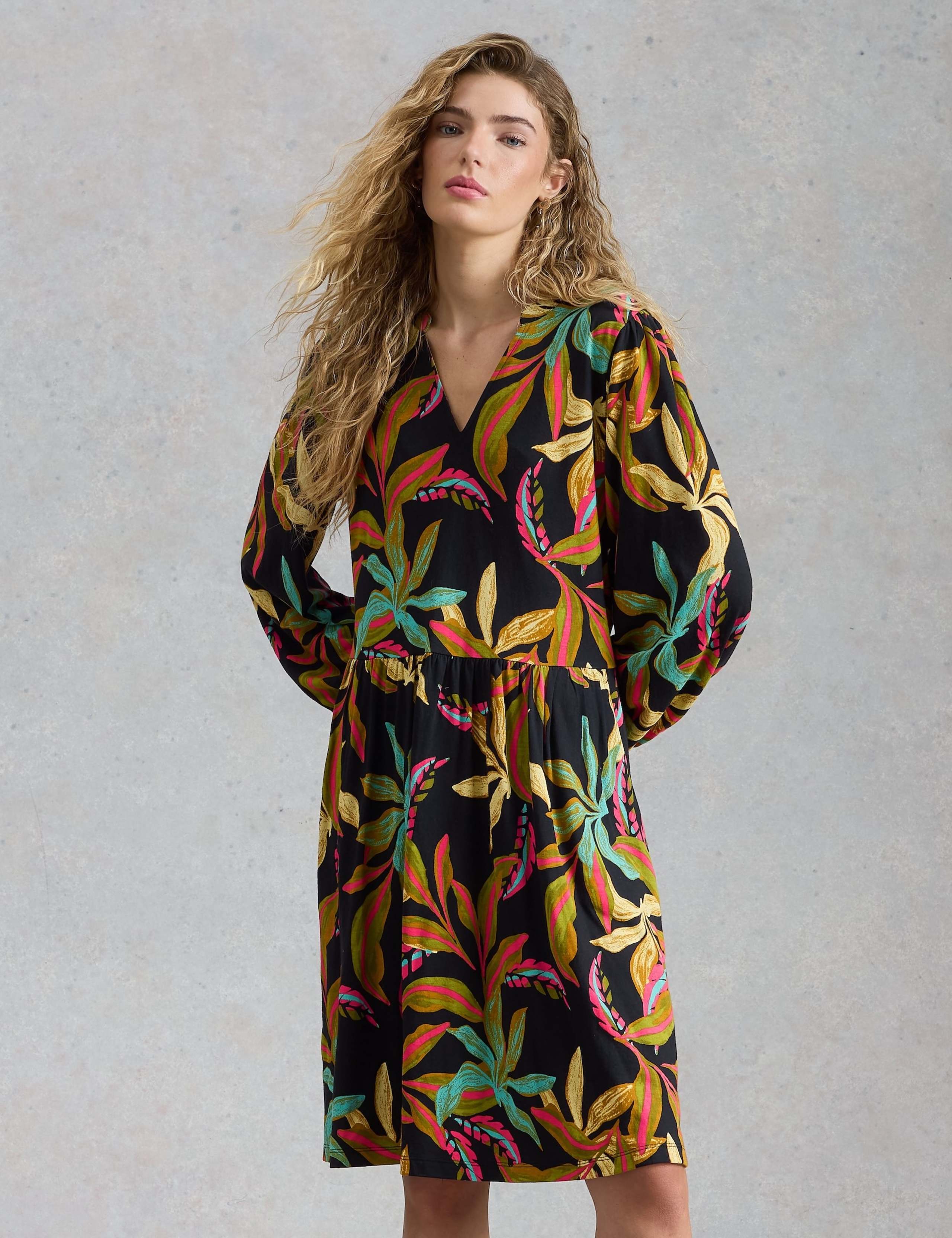 Cotton Modal Floral V-Neck Waisted Dress
