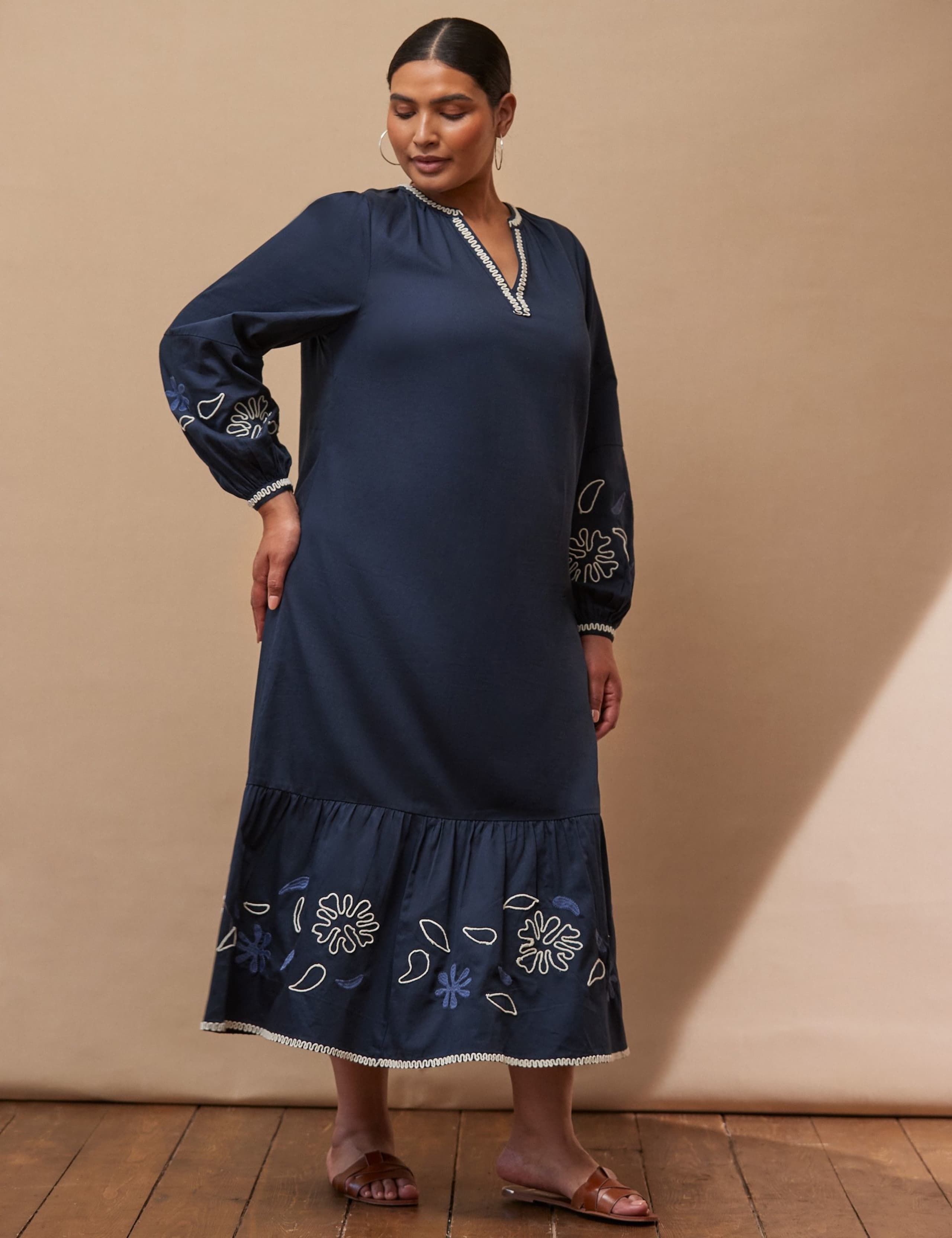 Cotton Rich Embroidered V-Neck Midaxi Waisted Dress