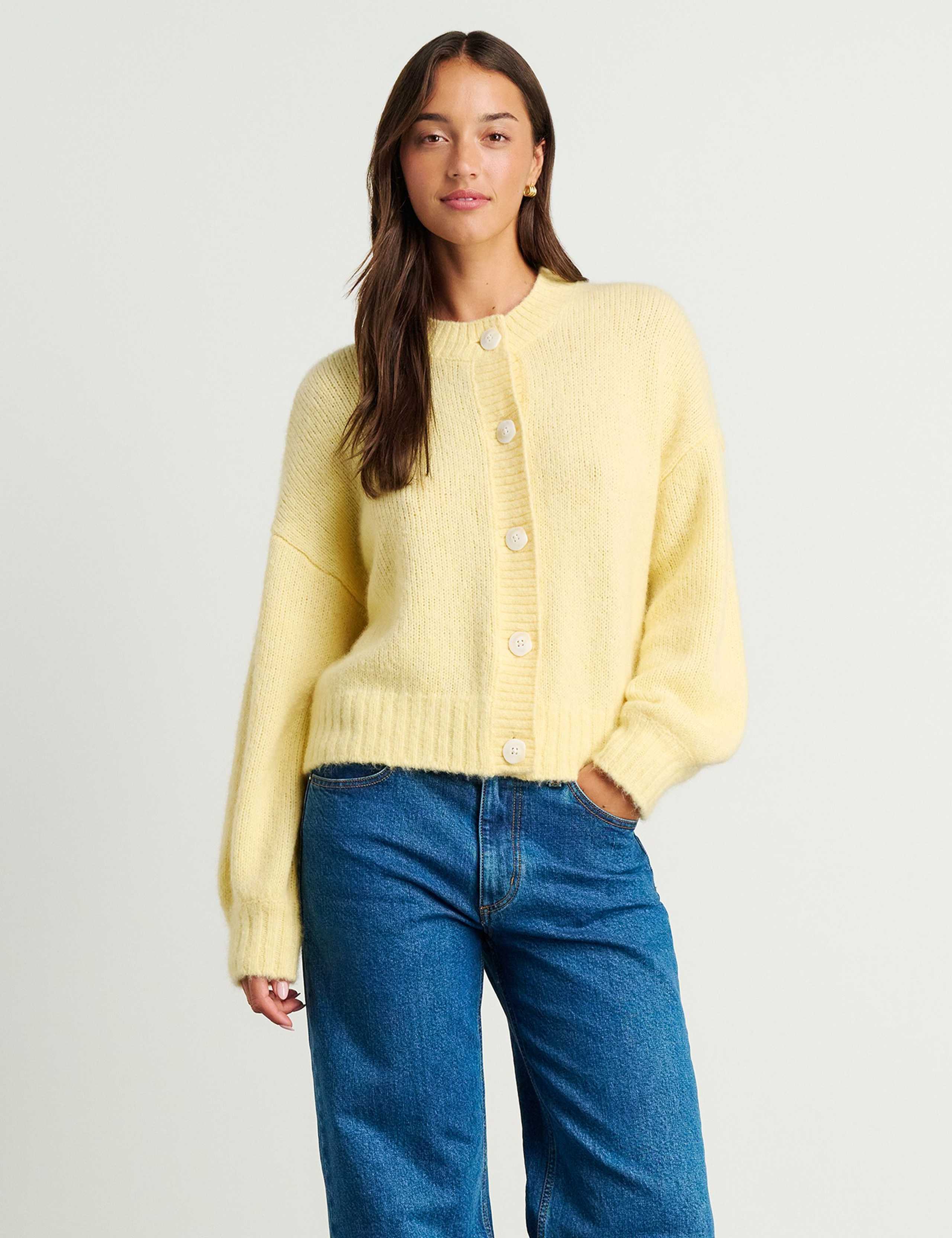 Wool Blend Crew Neck Cardigan with Alpaca