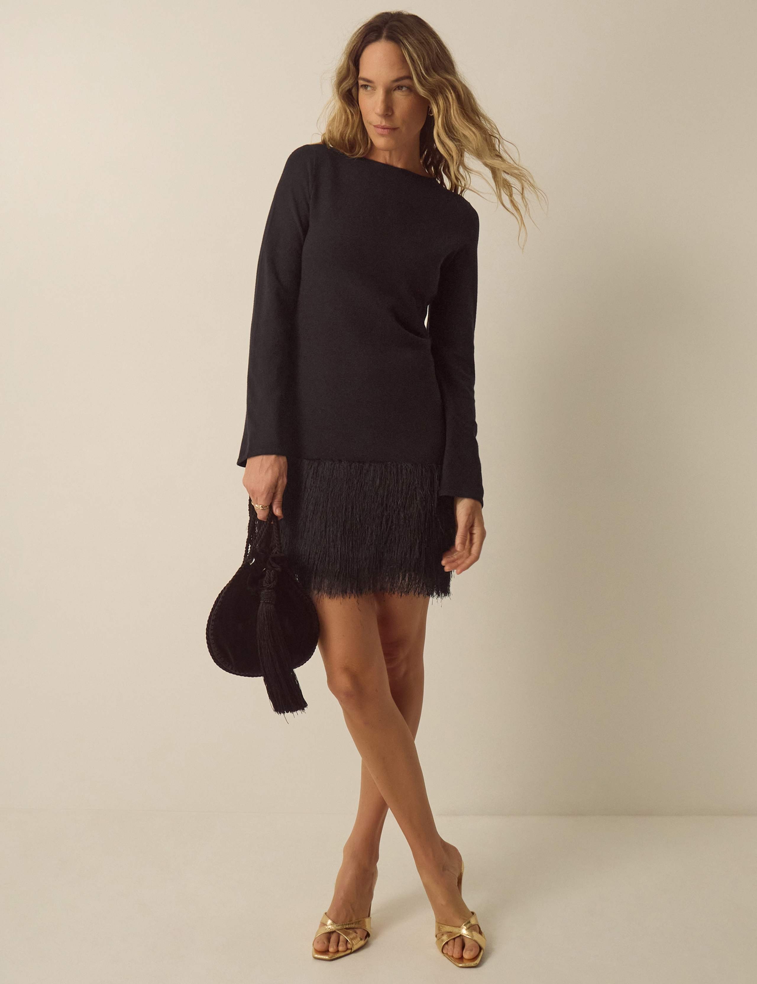 Fringed Slash Neck Mini Dress