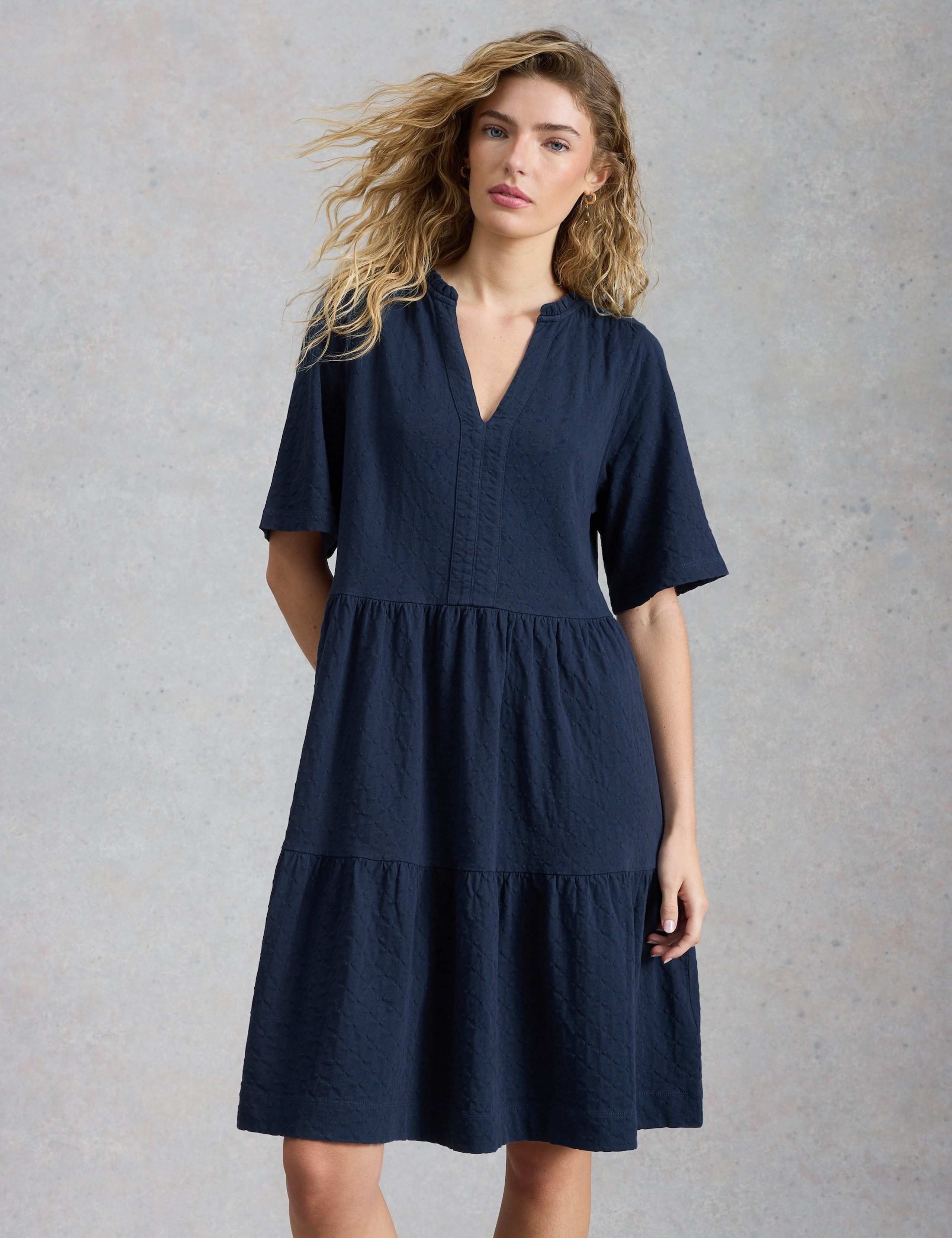 Pure Cotton V-Neck Knee Length Tiered Dress