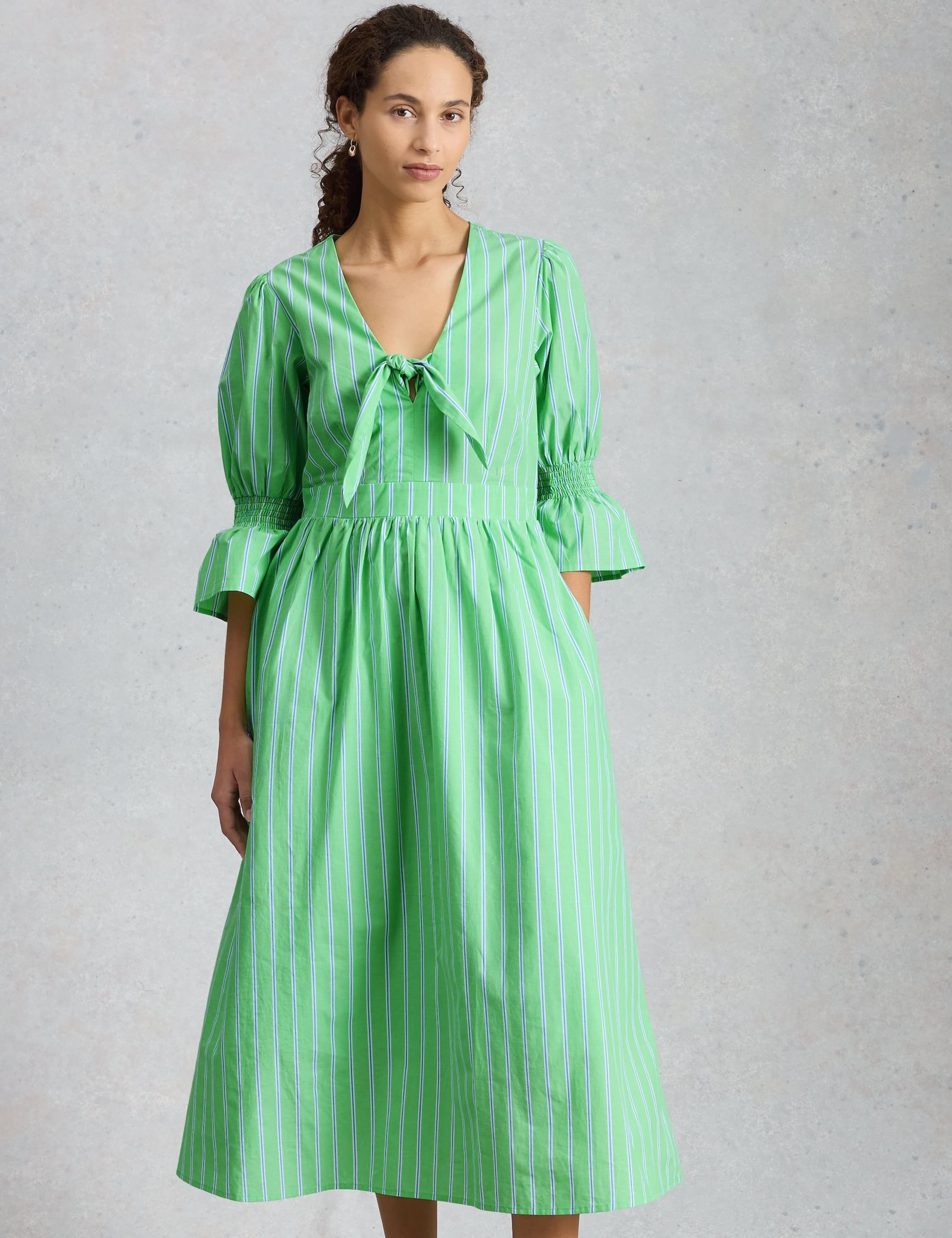Pure Cotton Striped Midaxi Shirred Dress