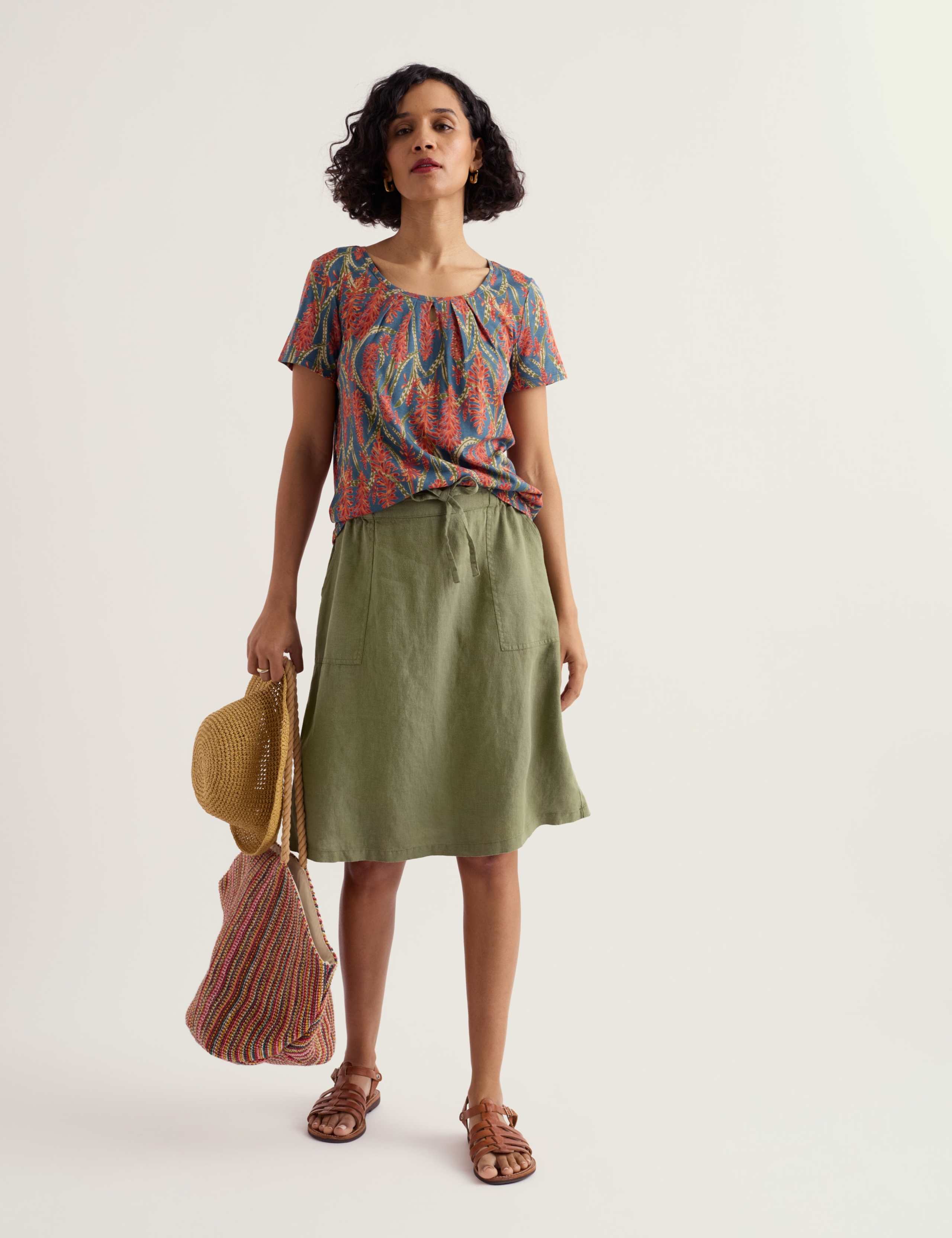Pure Linen Patch Pocket A-Line Skirt