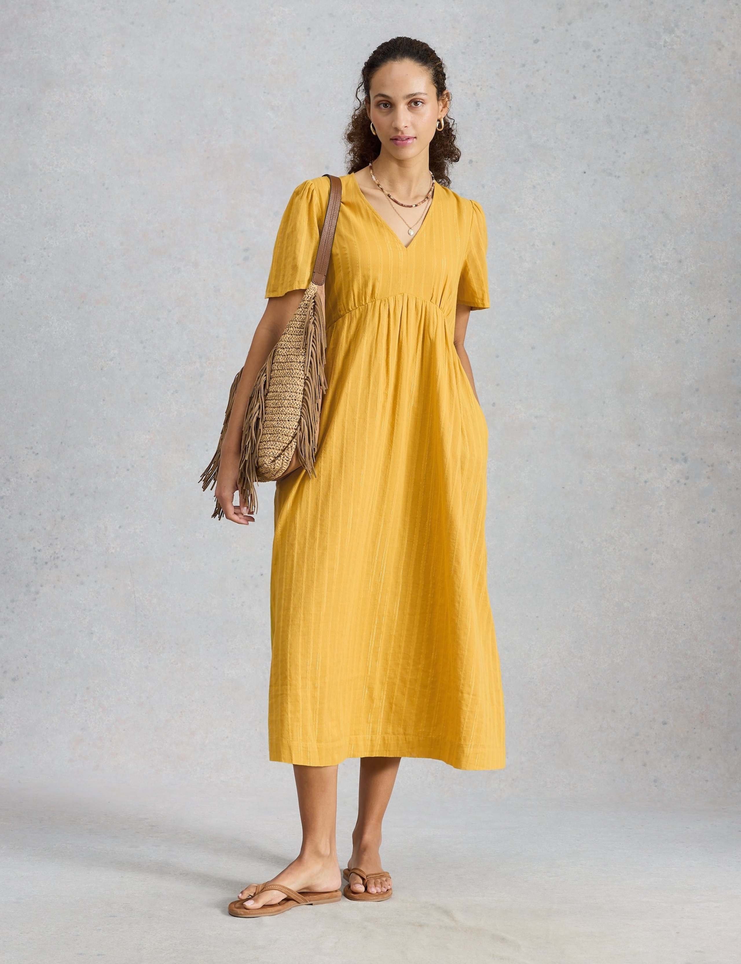 Pure Cotton Textured V-Neck Midi Waisted Dress