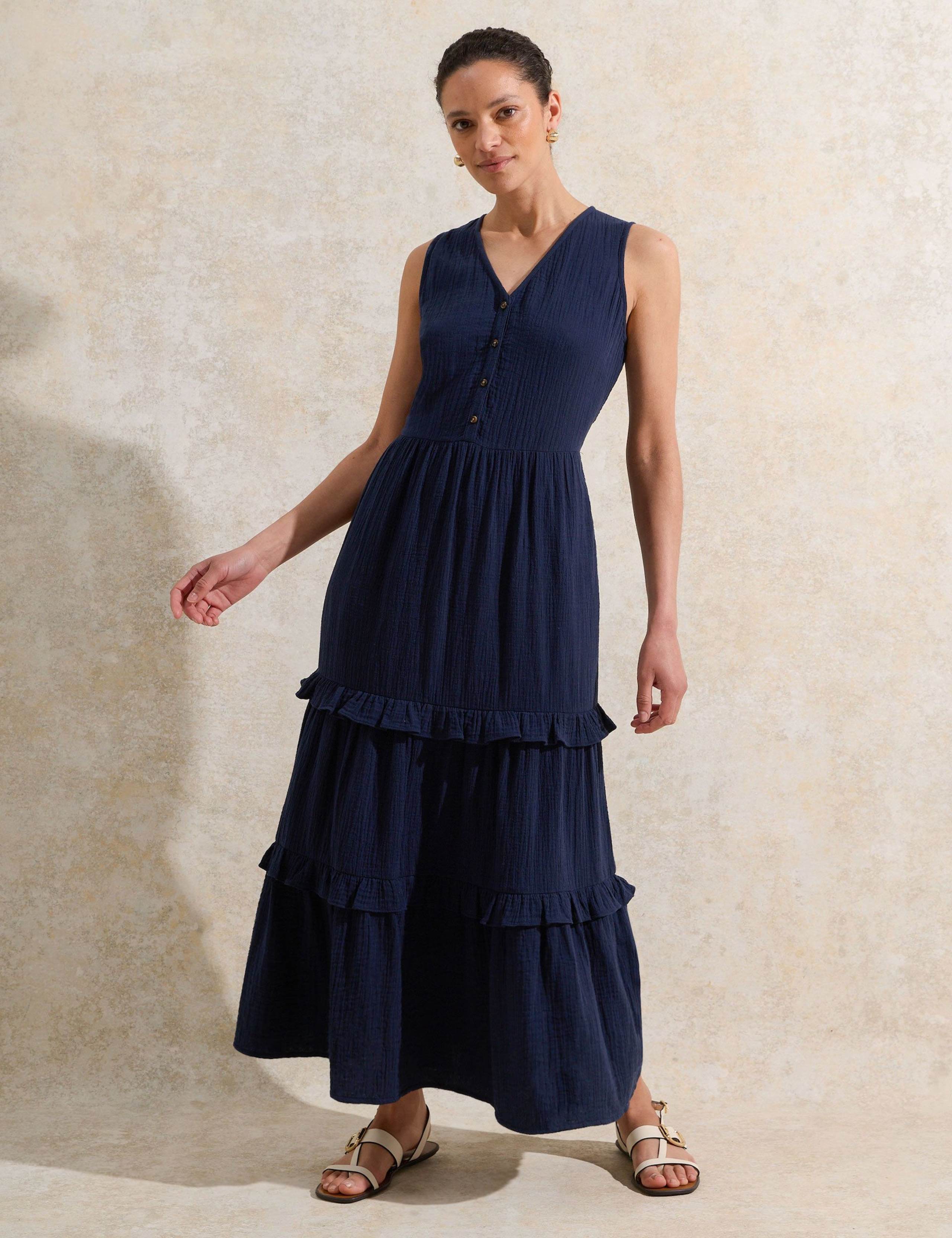 Pure Cotton V-Neck Maxi Tiered Dress