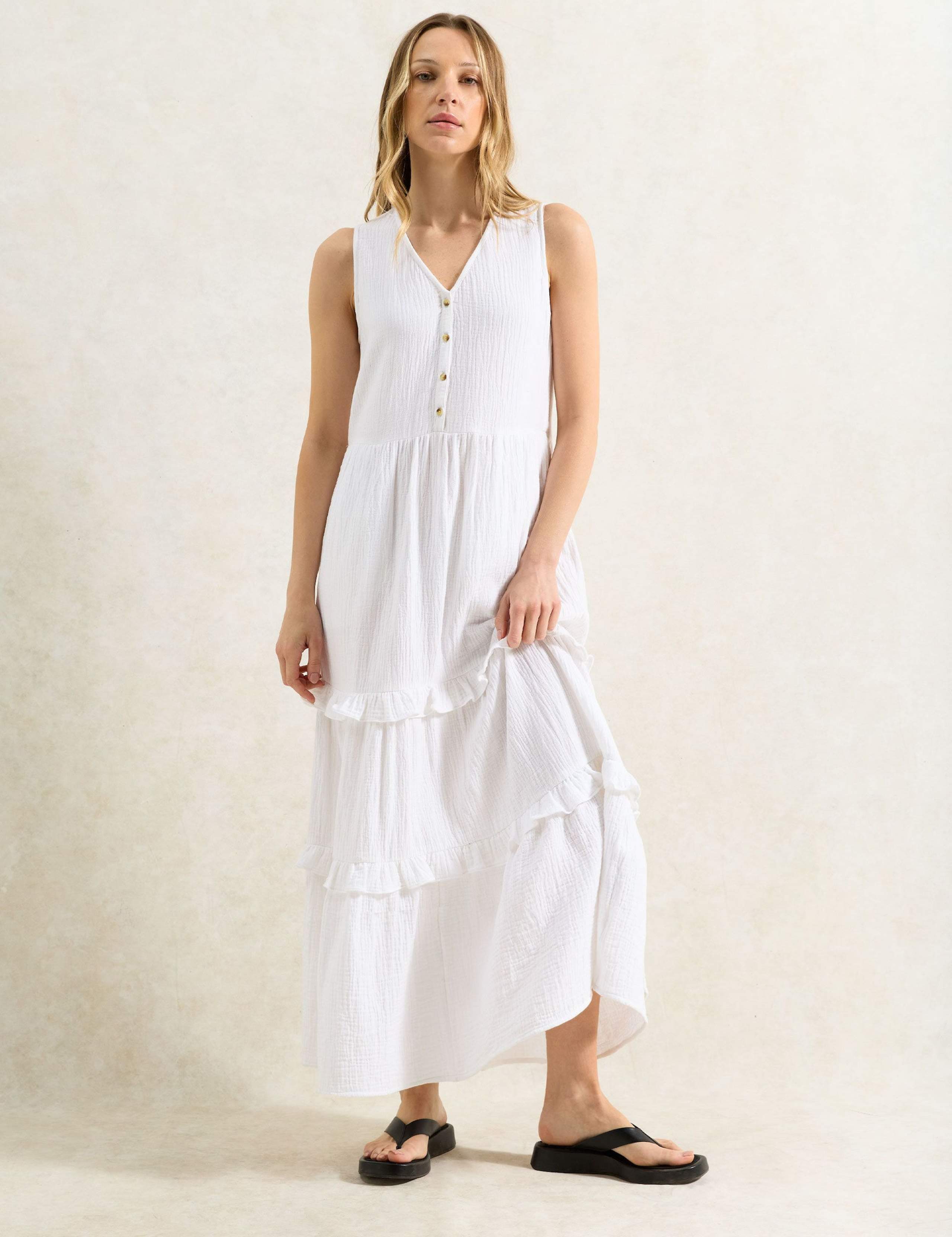 Pure Cotton V-Neck Maxi Tiered Dress