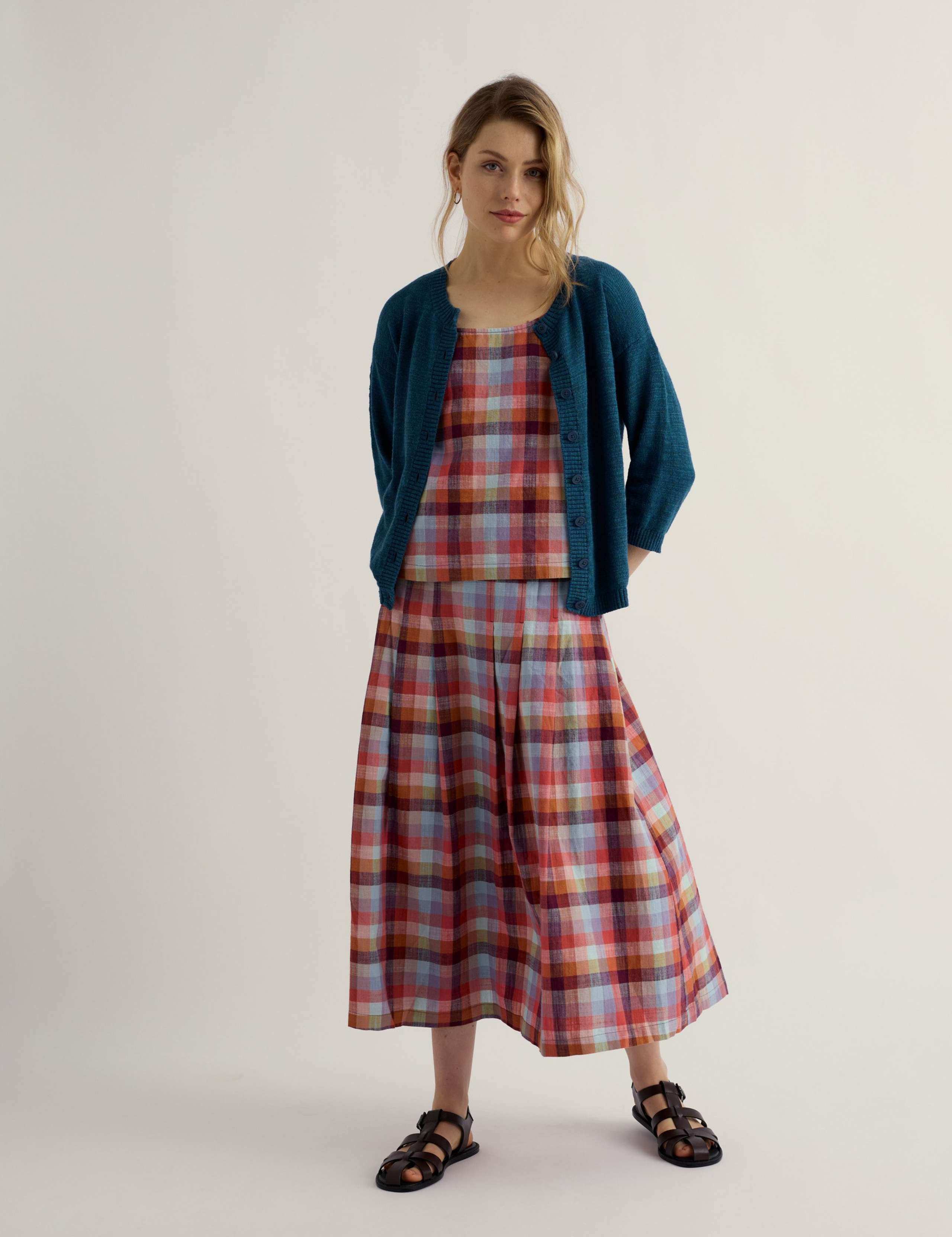 Pure Cotton Checked A-Line Midi Skirt