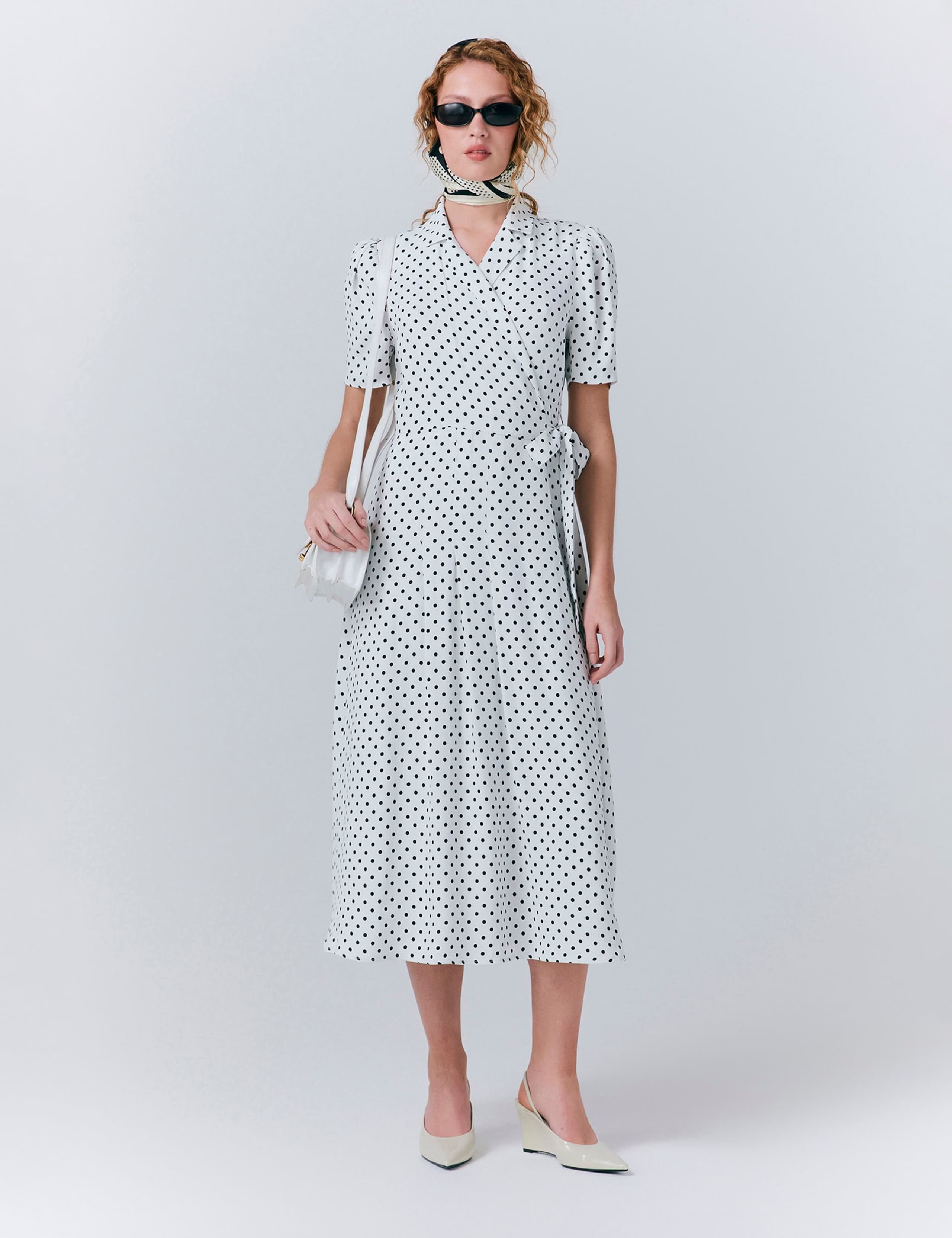 Crepe Polka Dot Midi Wrap Tea Dress