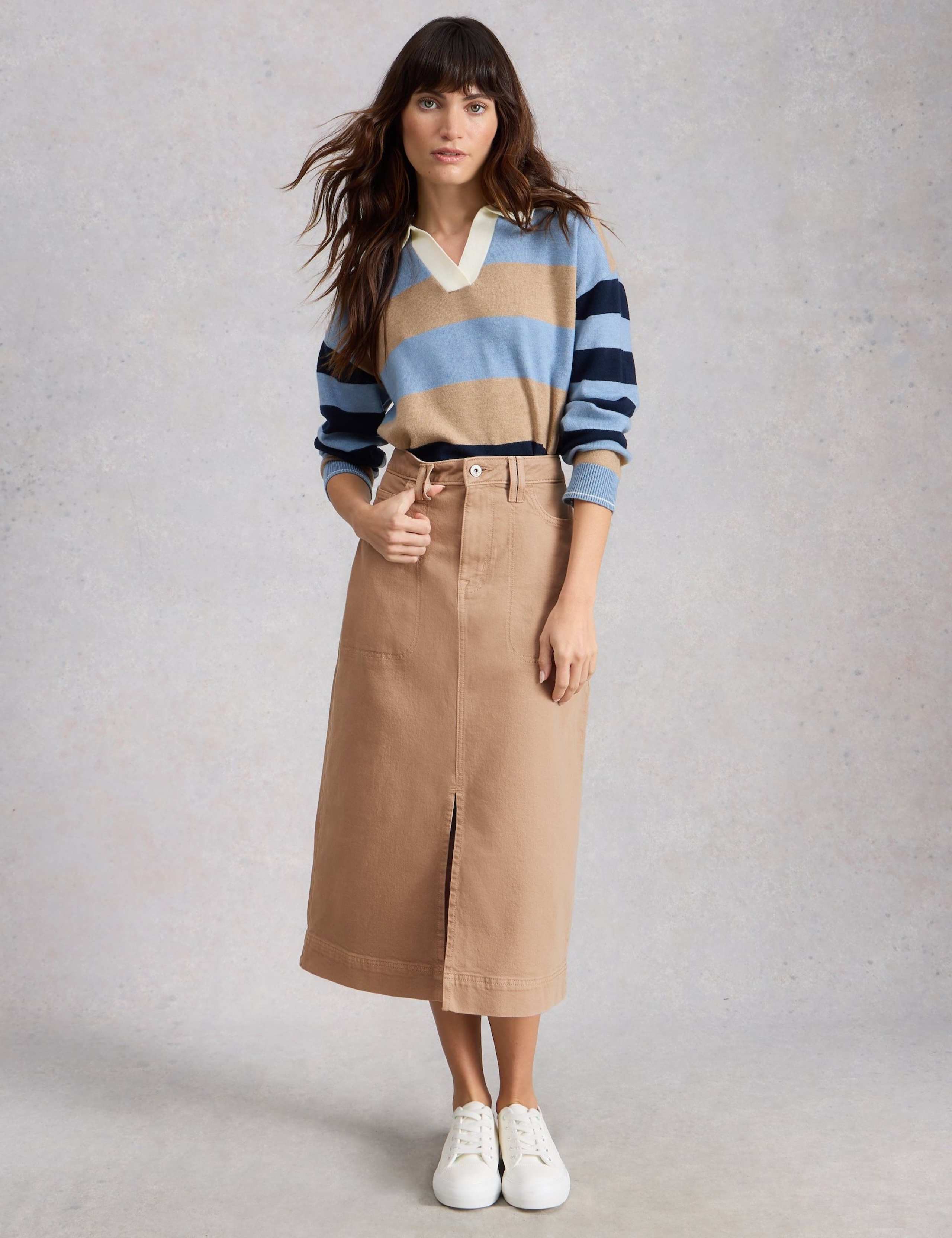 Cotton Rich Denim Split Front Midi Skirt