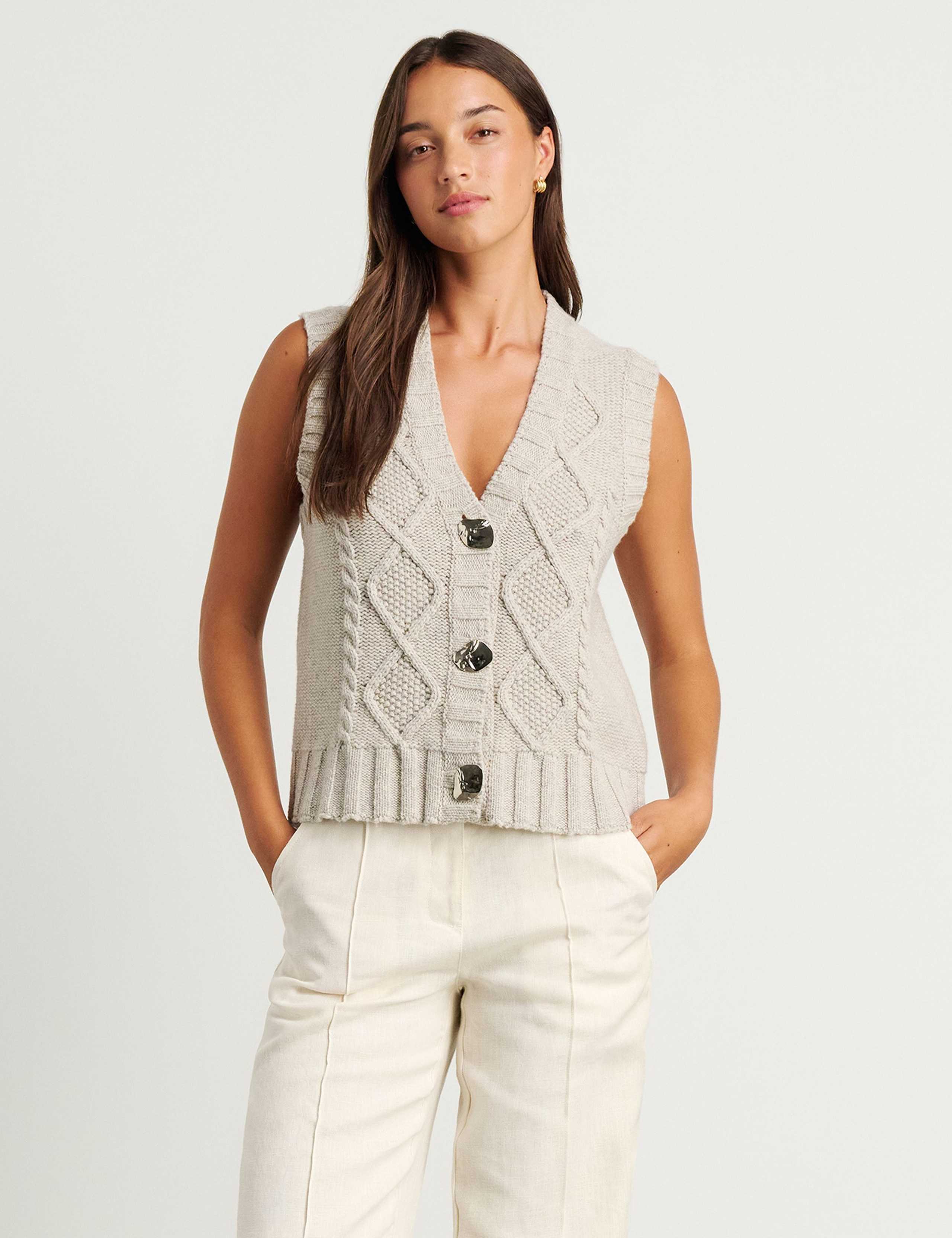 Pure Merino Wool Textured V-Neck Knitted Vest