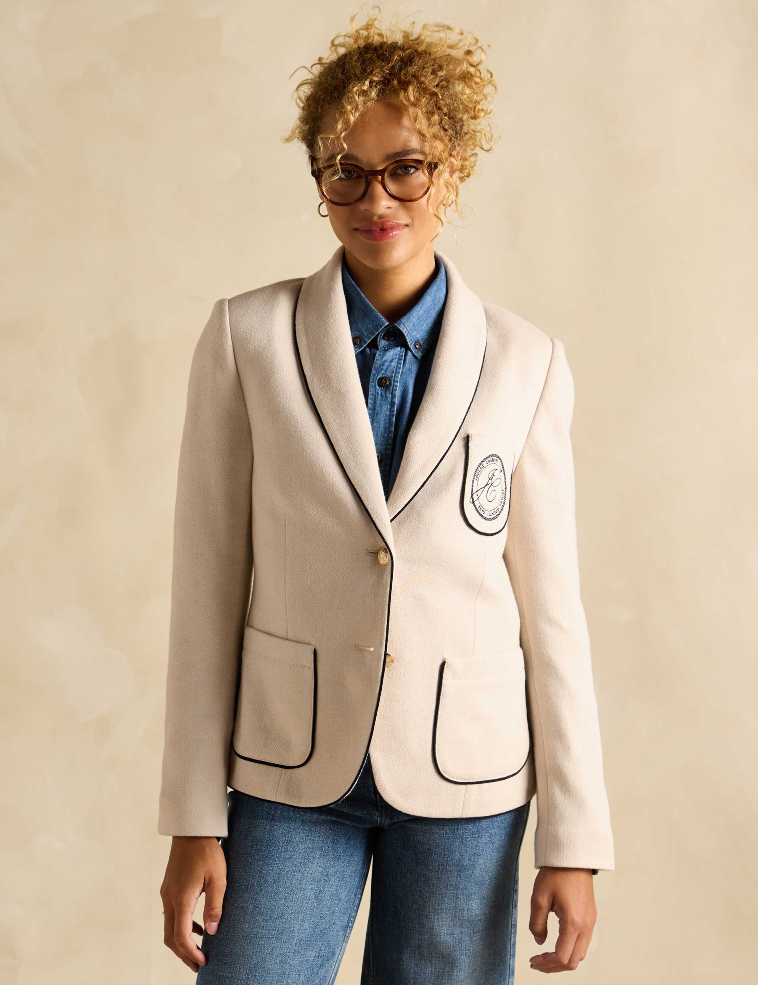 Cotton Rich Herringbone Shawl Collar Blazer