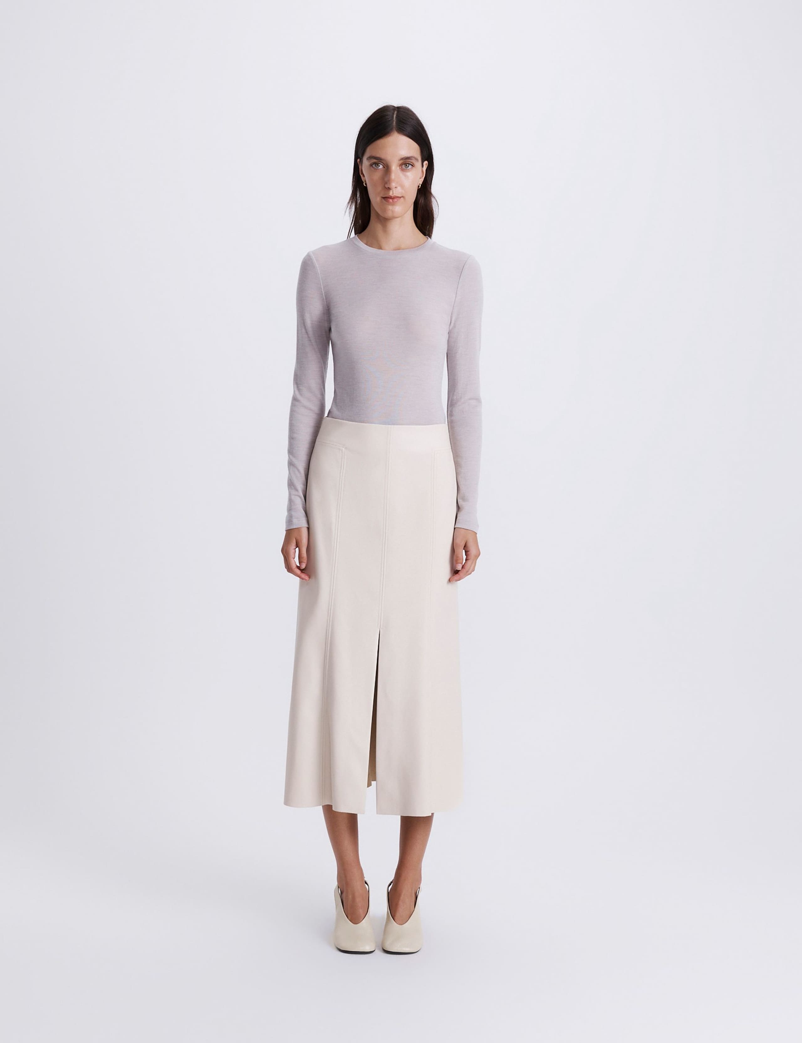 Faux Leather Split Front Midi A-Line Skirt