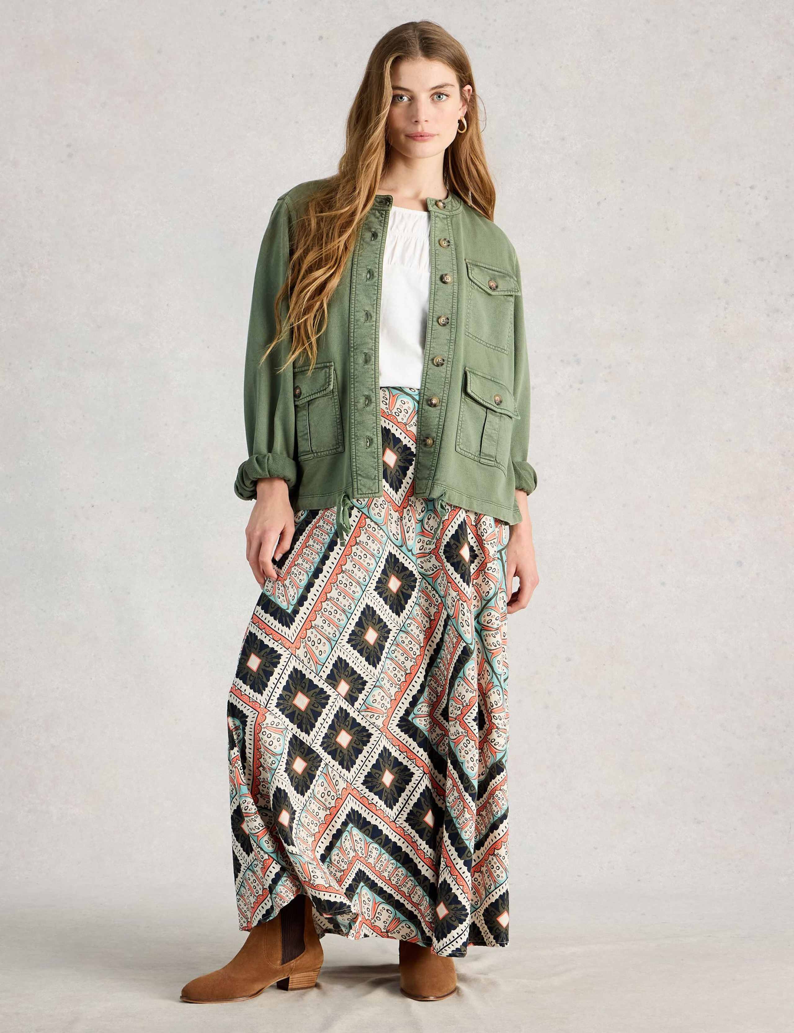 Linen Rich Printed Maxi A-Line Skirt