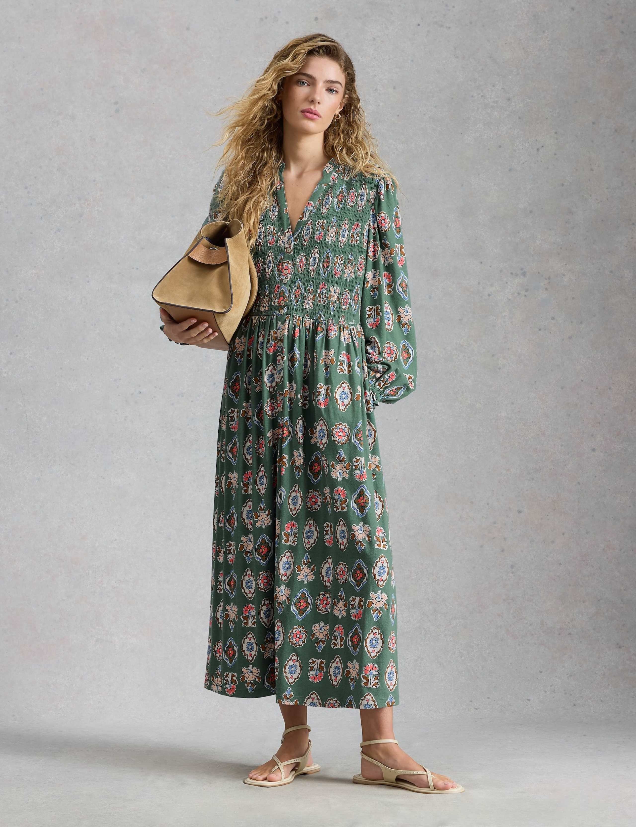 Cotton Blend Floral V-Neck Midi Shirred Dress