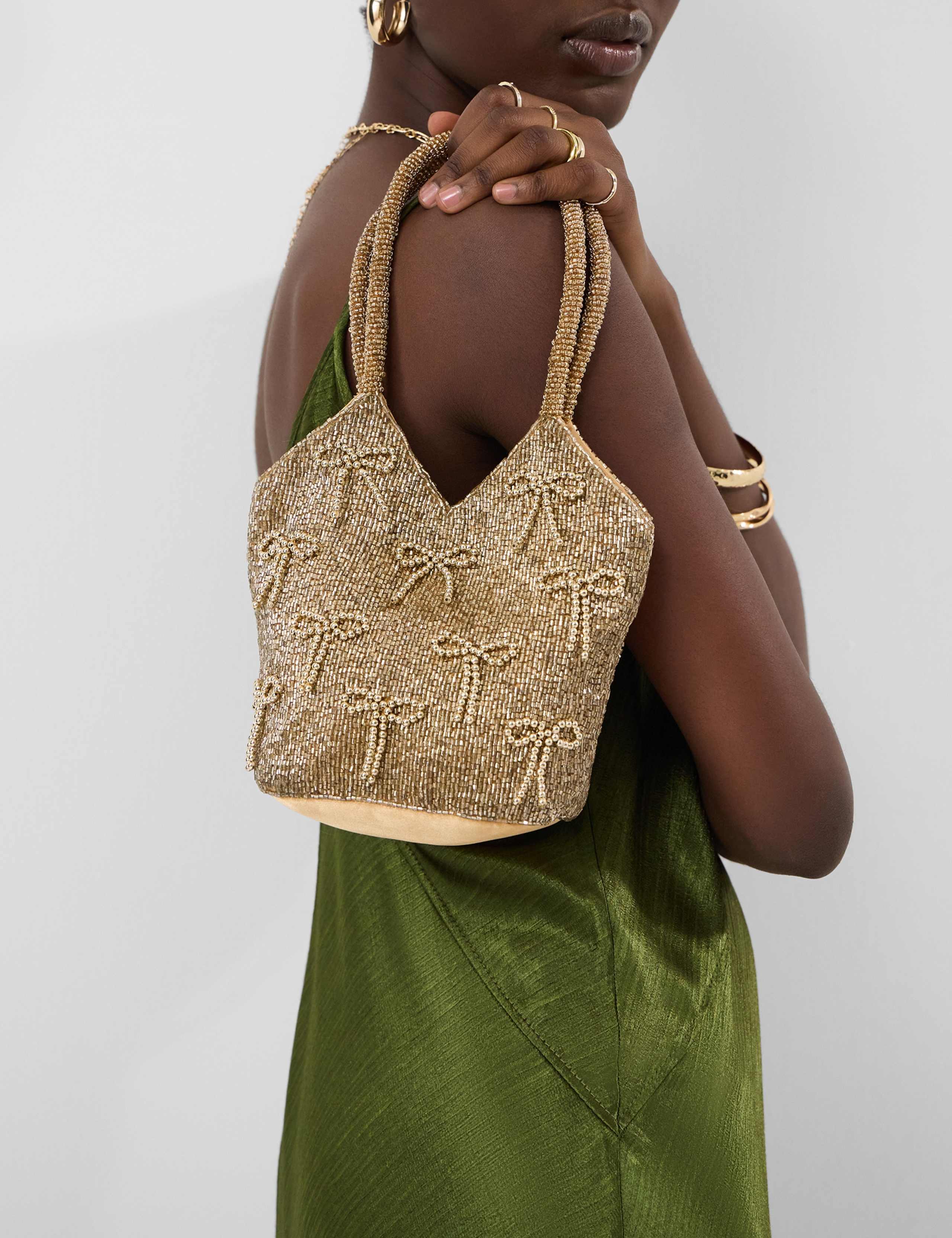 Beaded Bow Embellished Top Handle Clutch Bag
