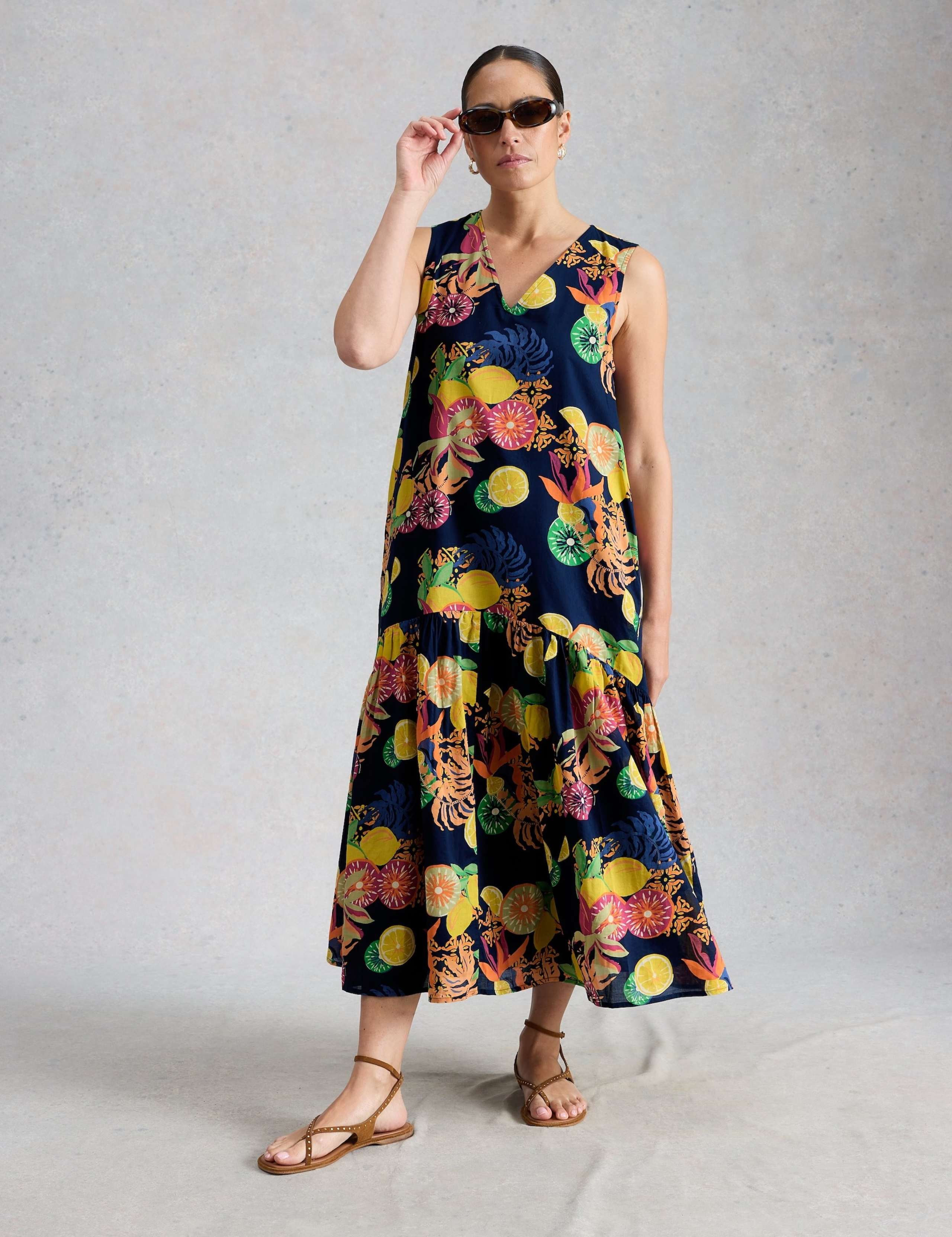 Pure Cotton Floral V-Neck Midi Tiered Dress