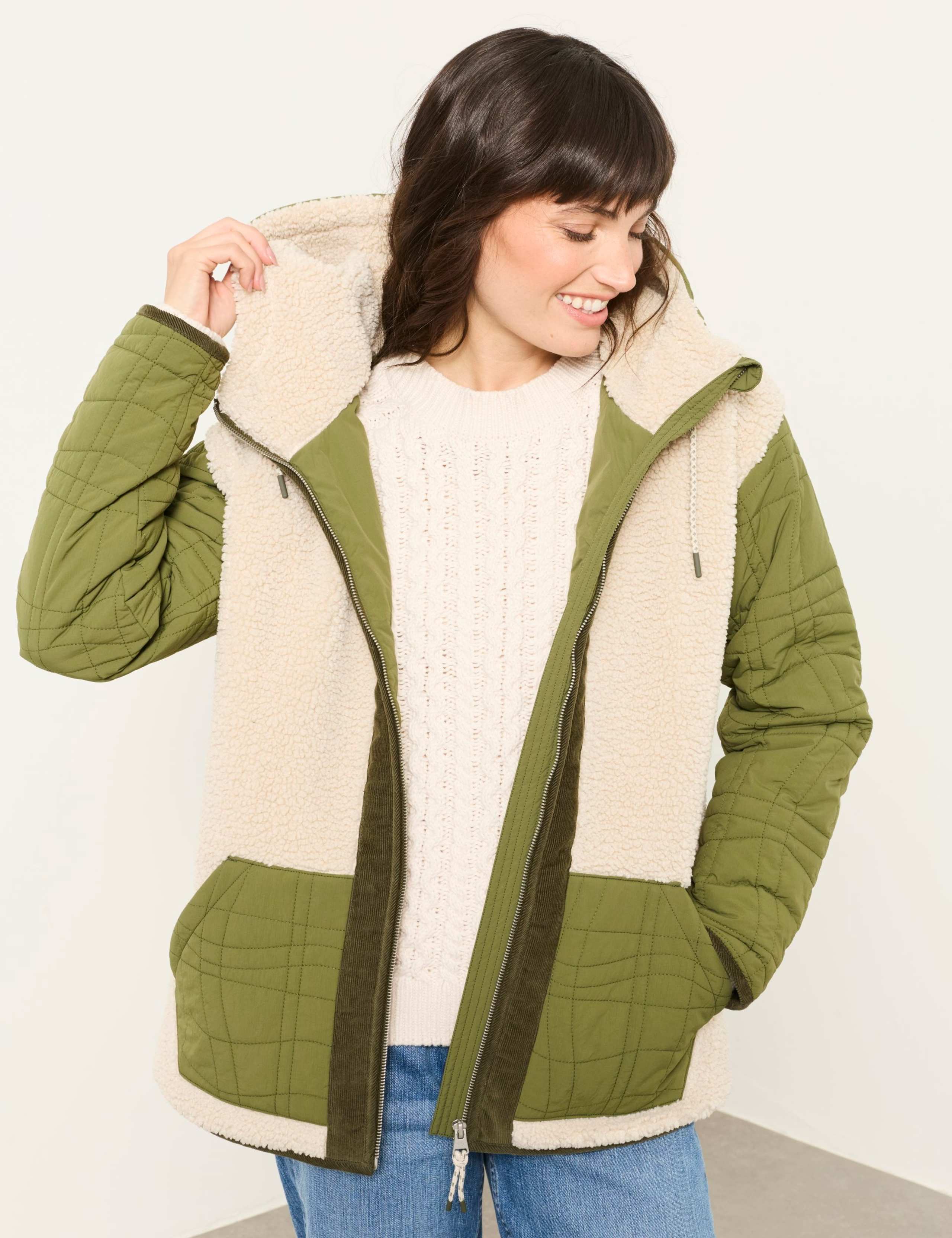 Borg Quilted Hooded Zip Through Jacket