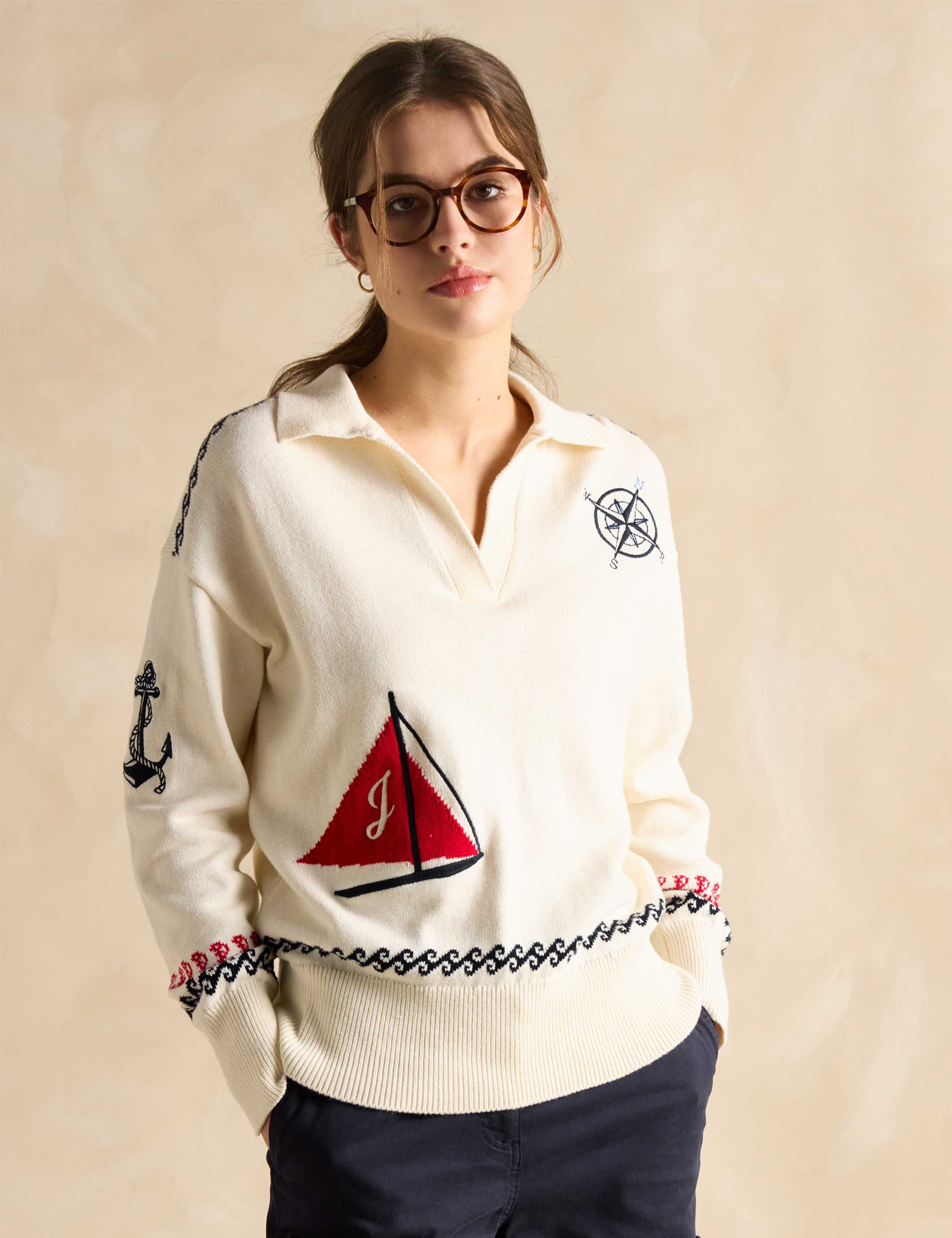 Pure Cotton Intarsia Collared V-Neck Jumper