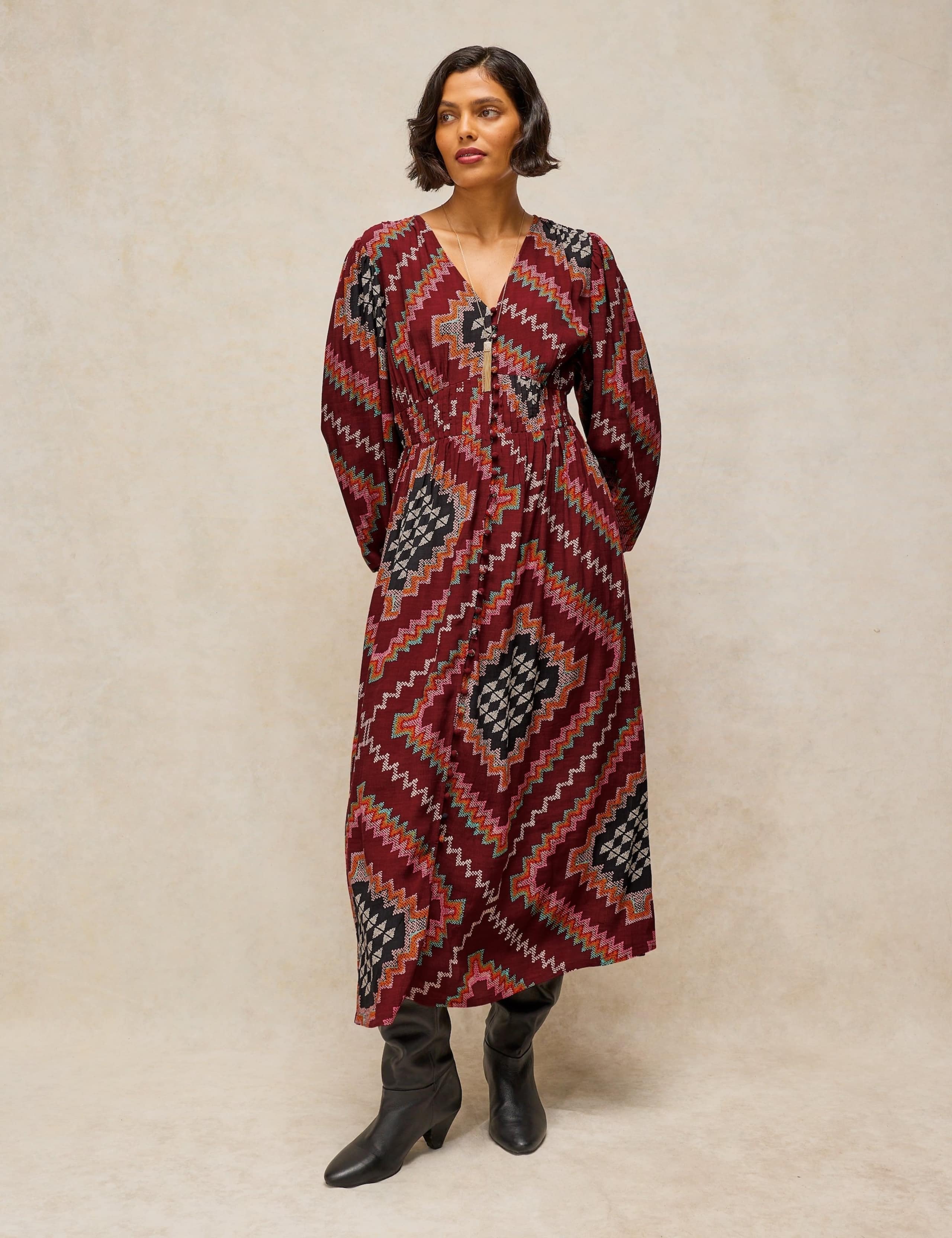 V Neck Button Front Midi Tea Dress