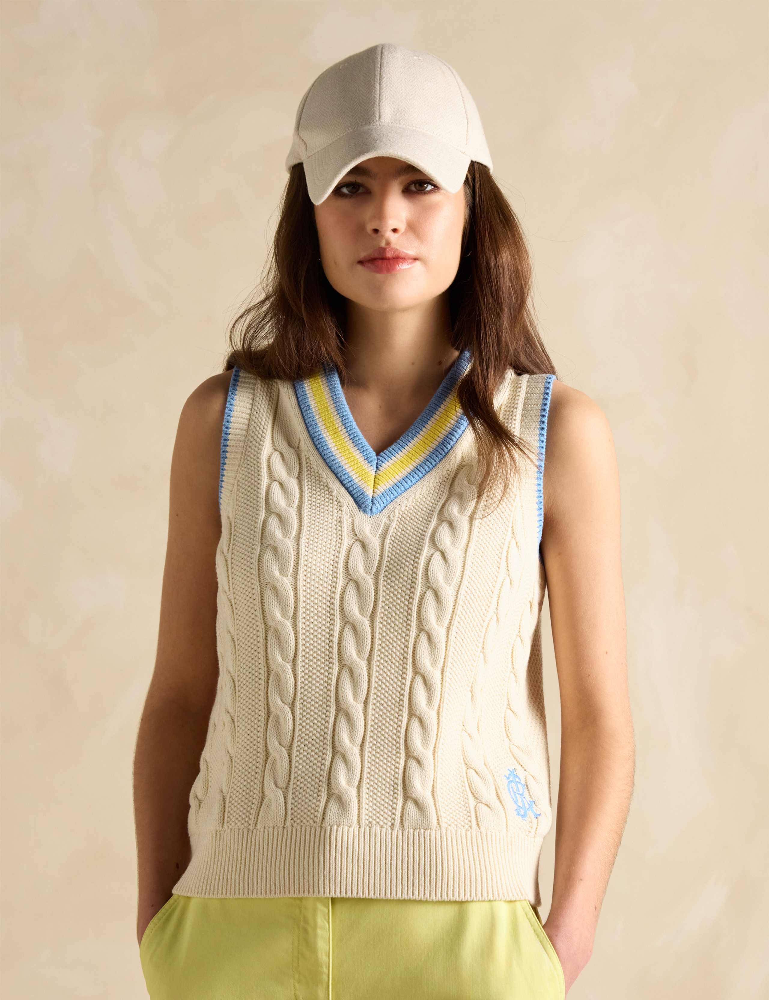 Pure Cotton Cable Knit V-Neck Knitted Vest