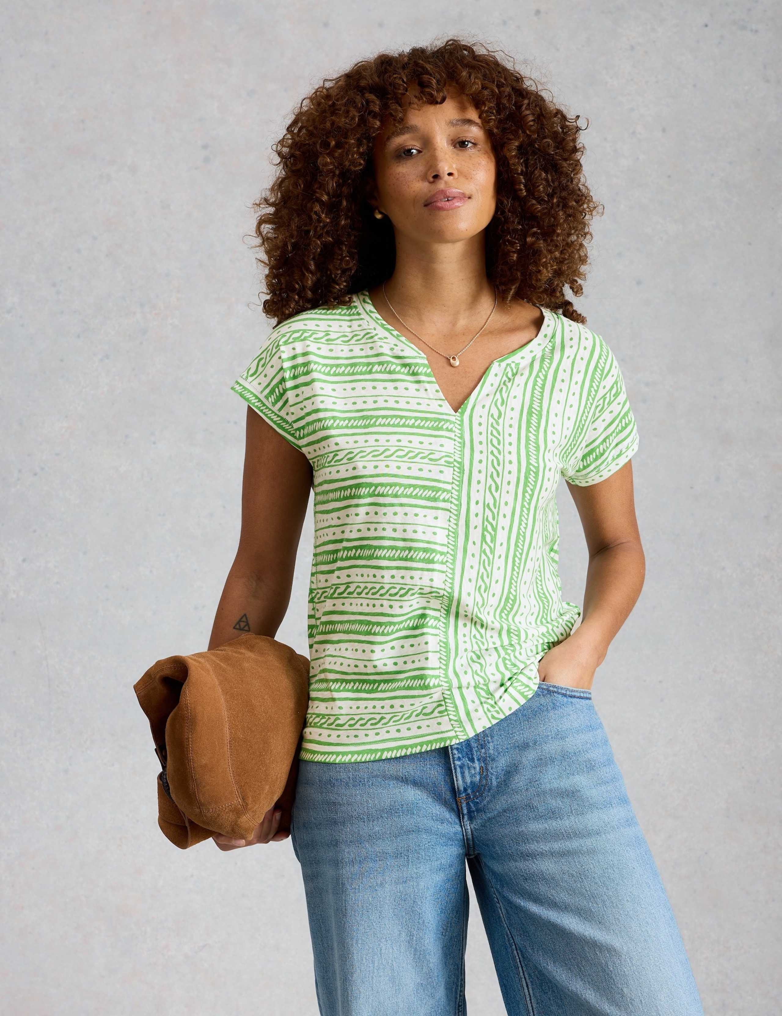 Pure Cotton Striped Notch Neck T-Shirt