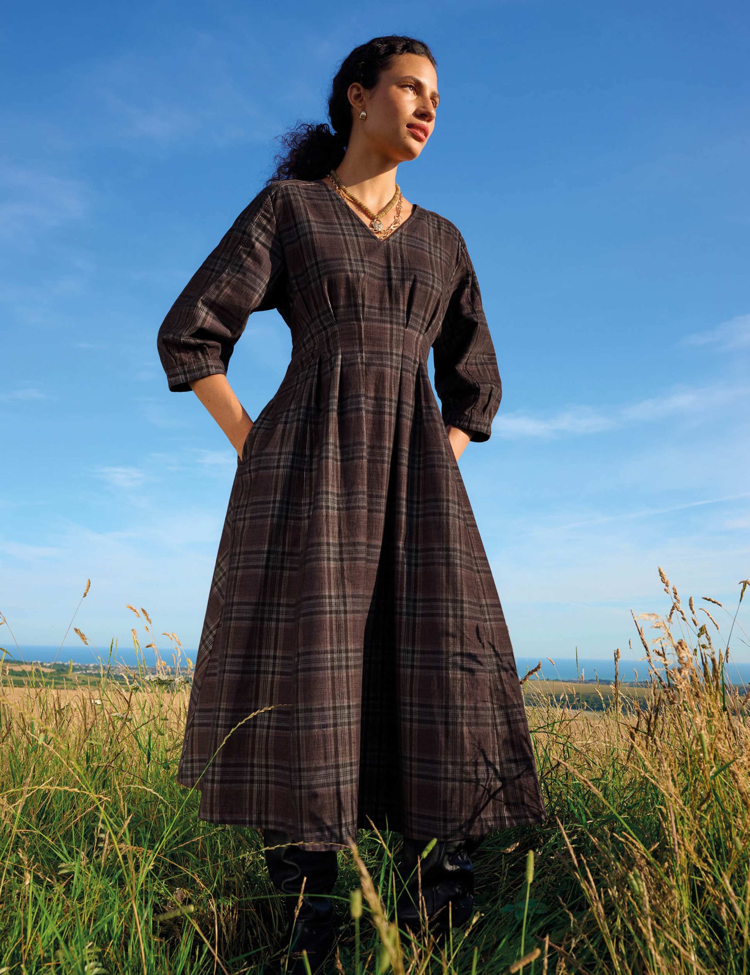 Cord Printed V Neck Midi Tea Dress