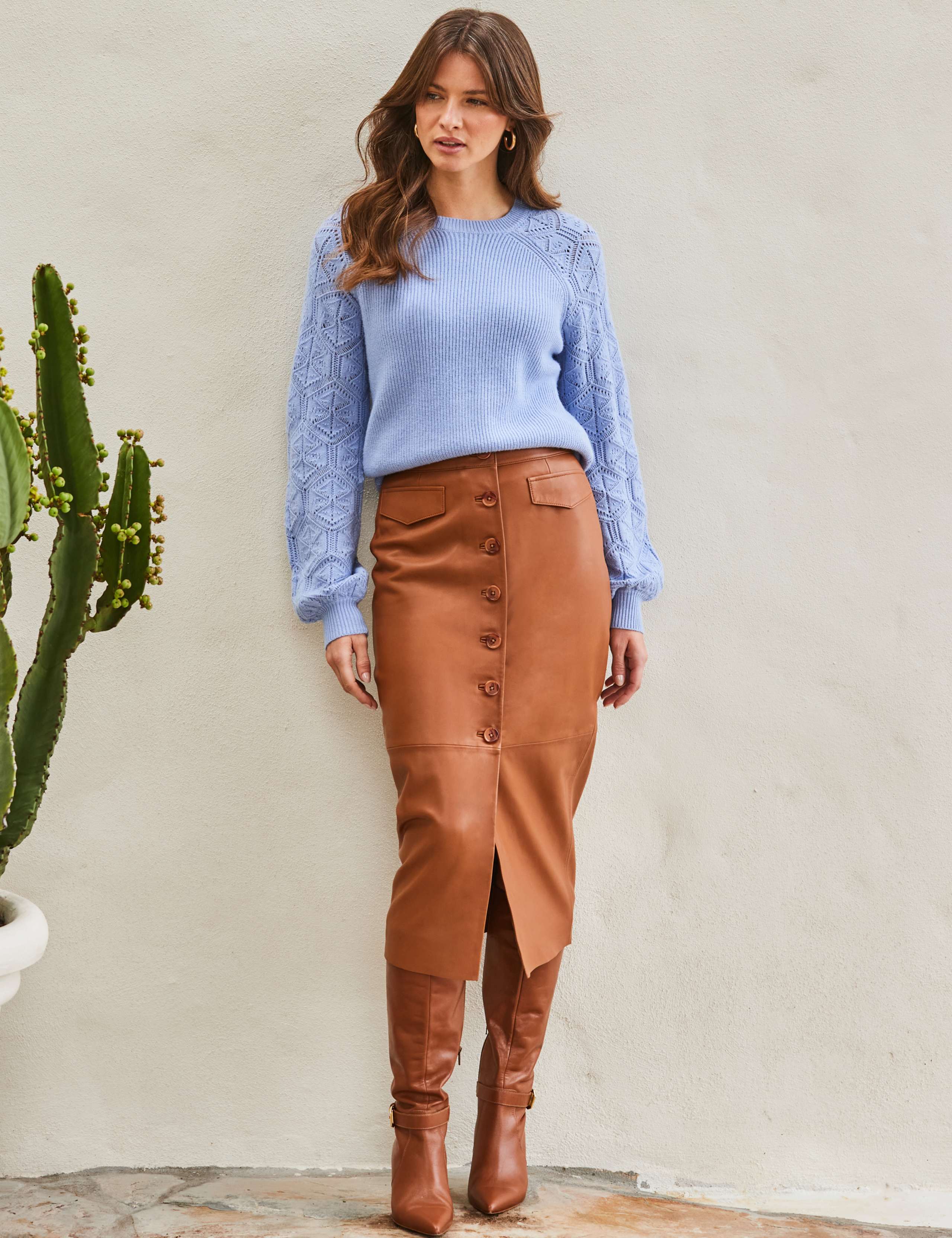 Leather Button Front Midi Pencil Skirt