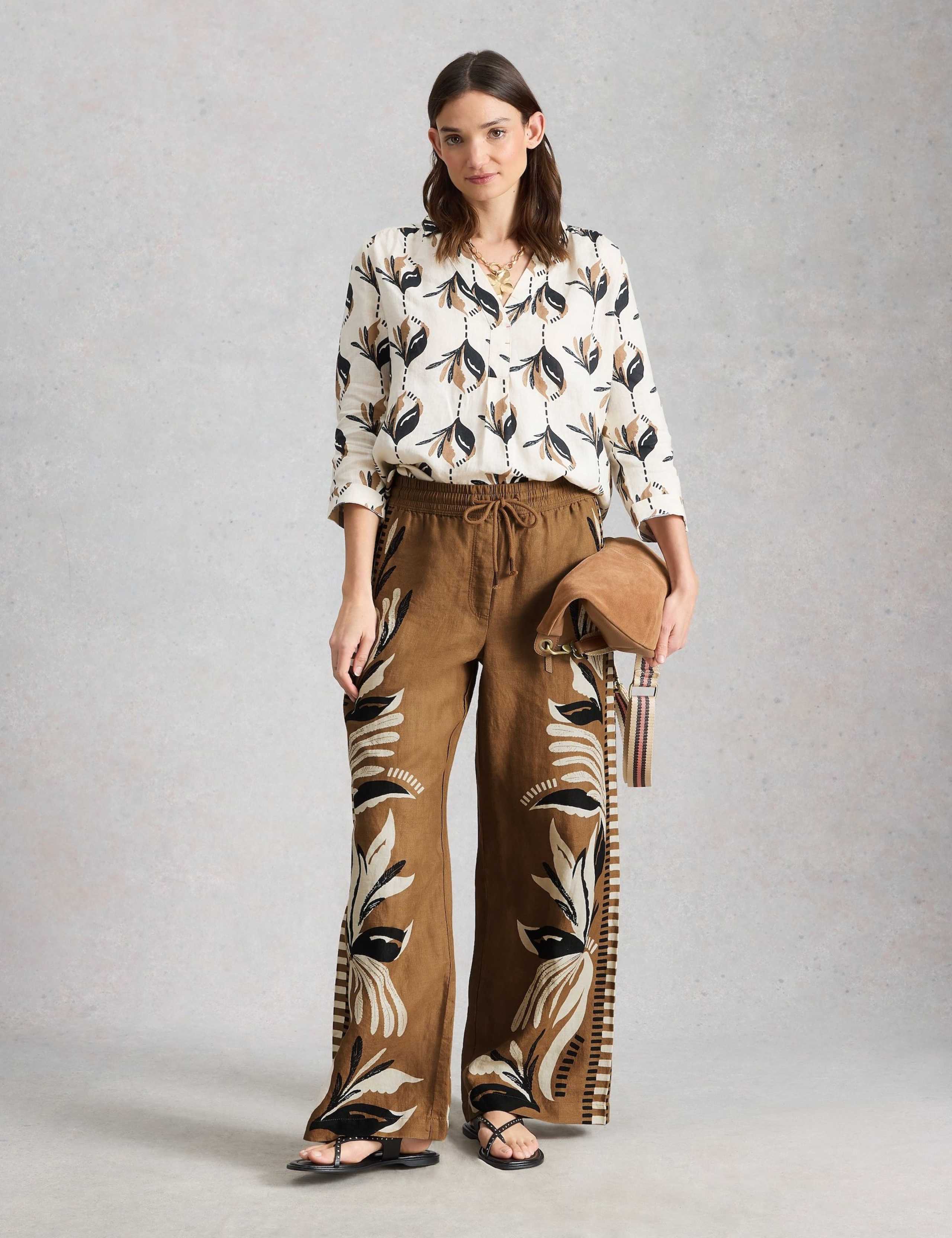 Pure Linen Printed Wide Leg Trousers