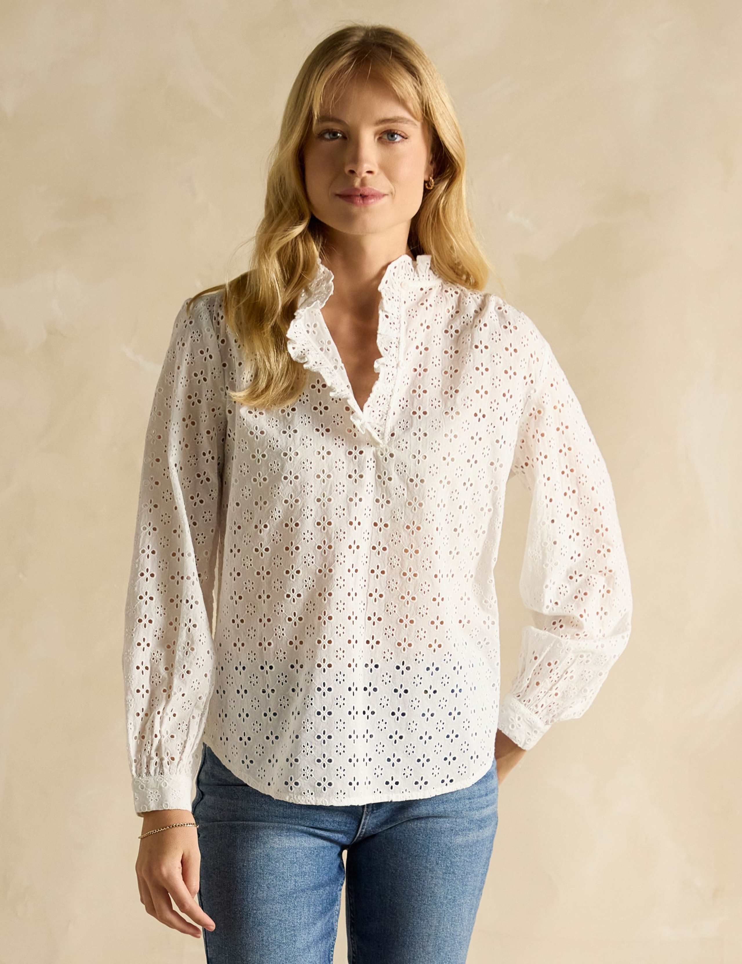 Pure Cotton Broderie Frill Neck Blouse