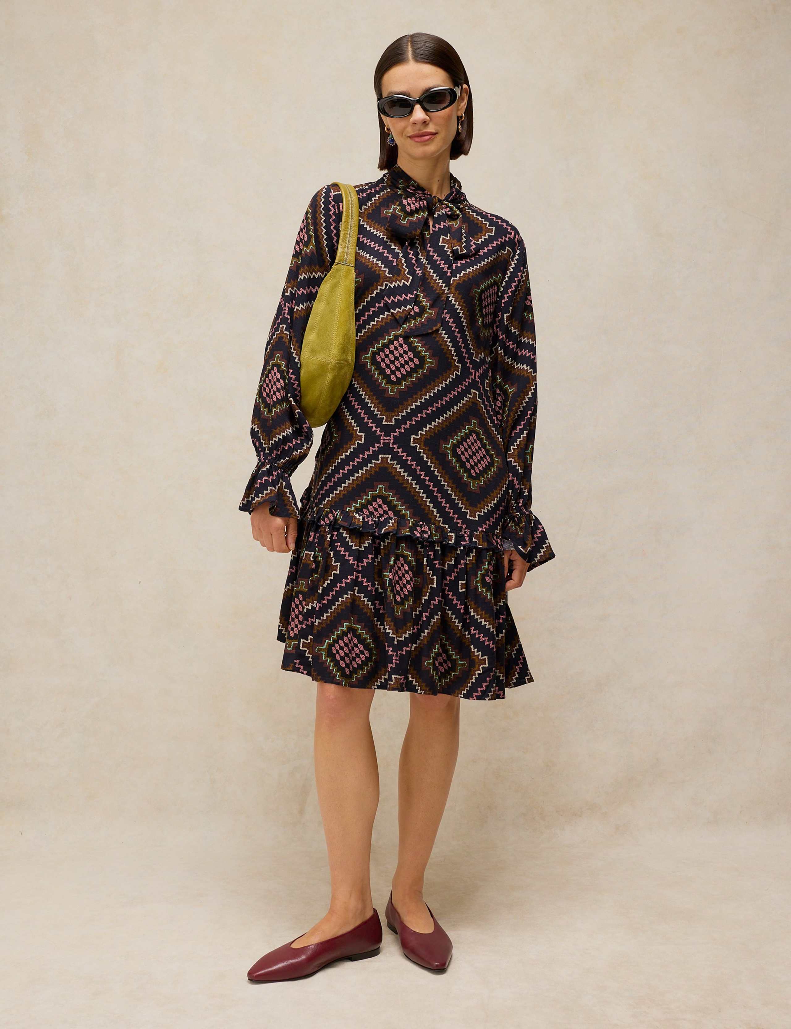 Printed Tie Neck Midi Tea Dress