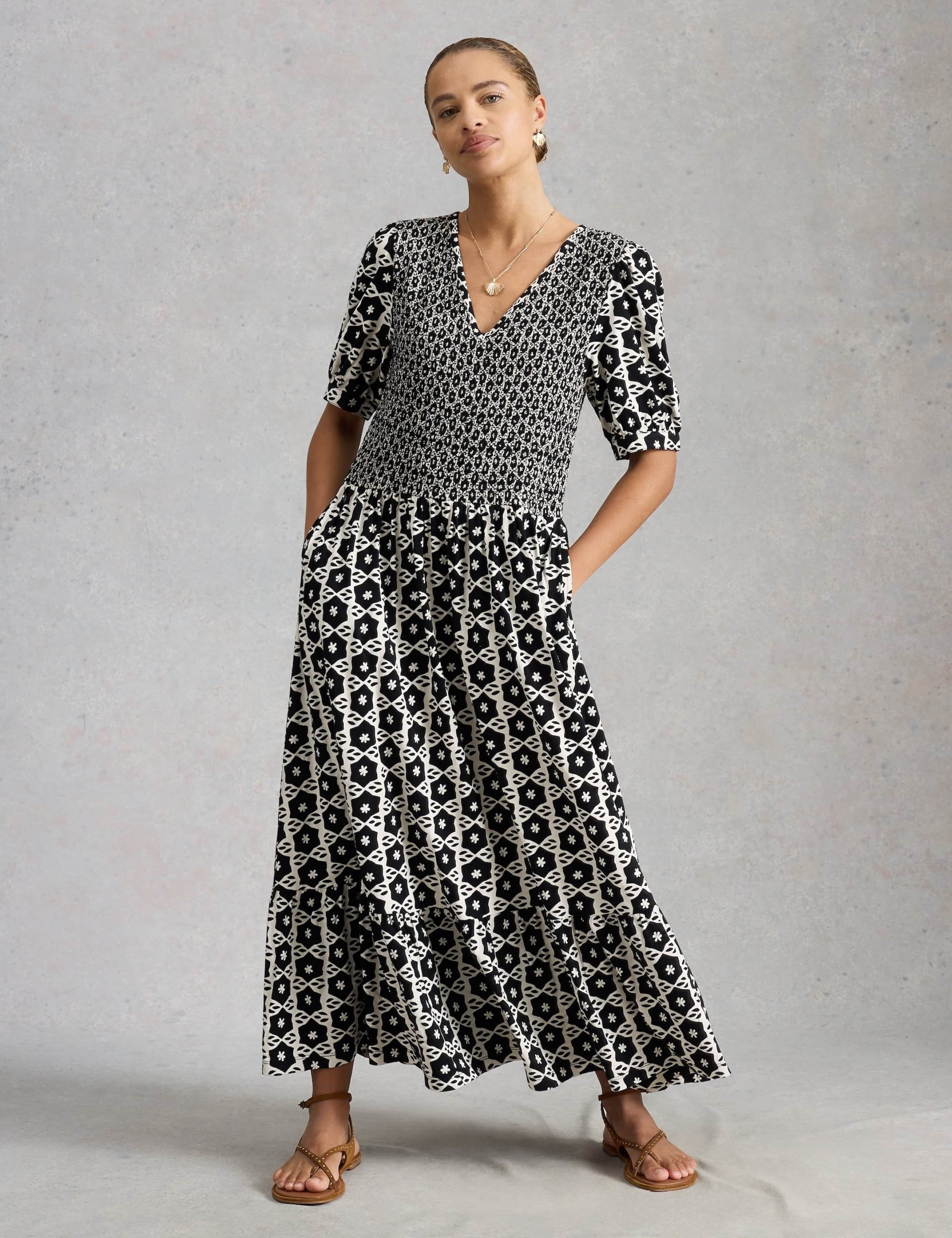Jersey Geometric Midi Shirred Dress