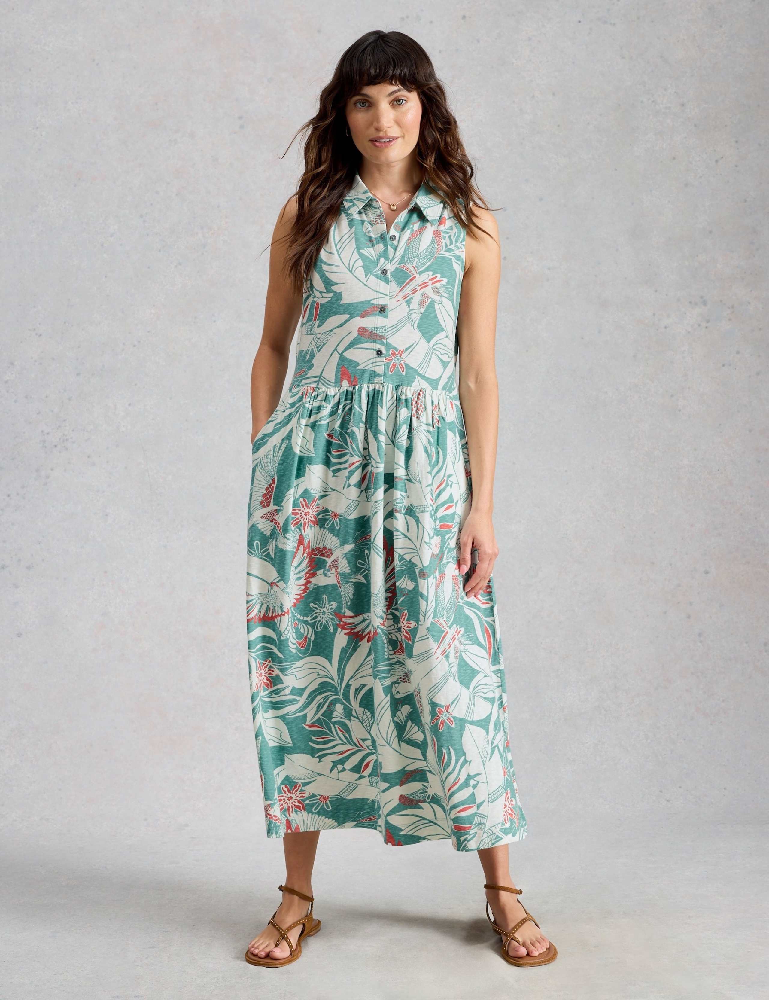 Pure Cotton Bird Print Maxi Waisted Dress