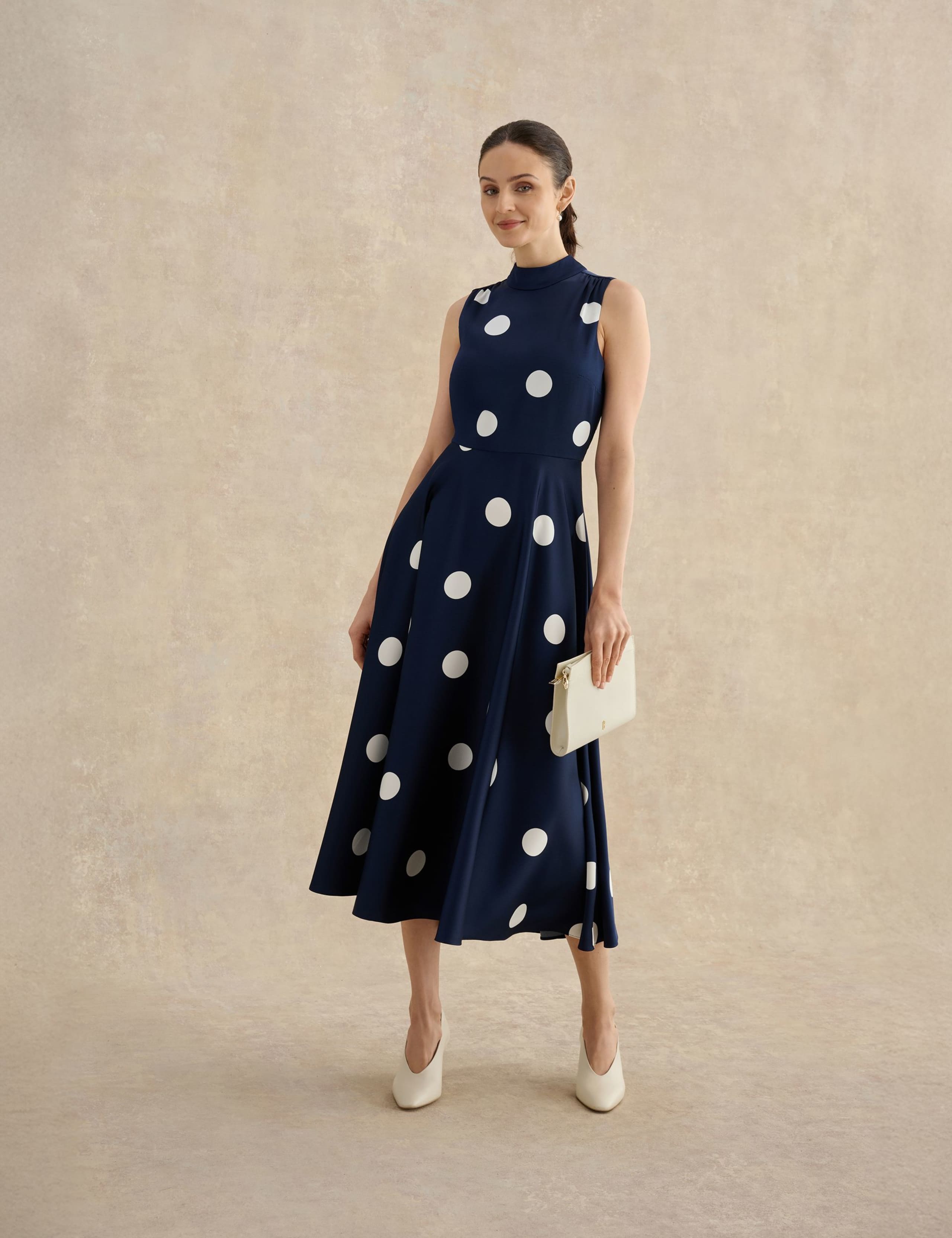 Polka Dot Tie Neck Midi Skater Dress
