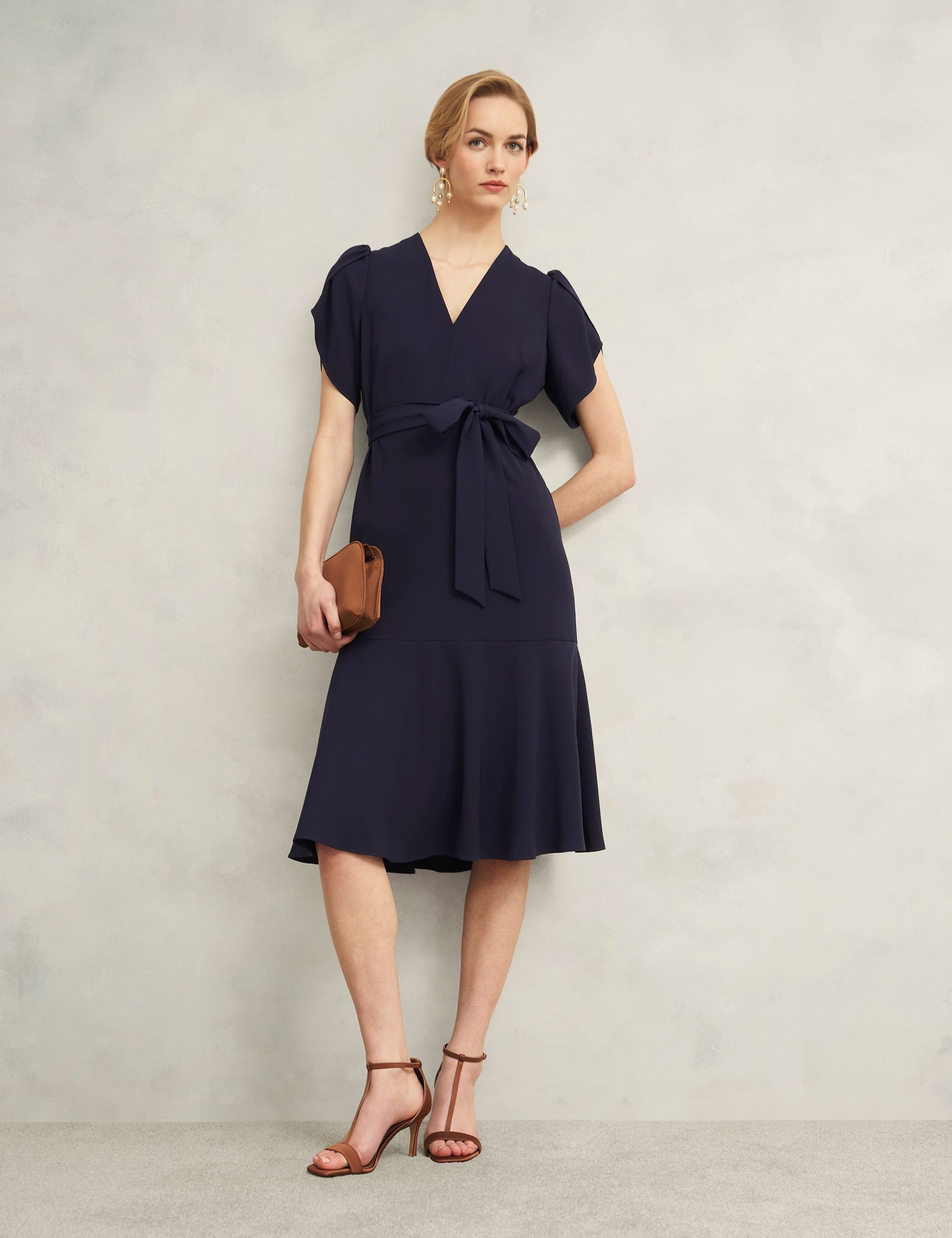 V-Neck Tie Detail Midi Waisted Dress
