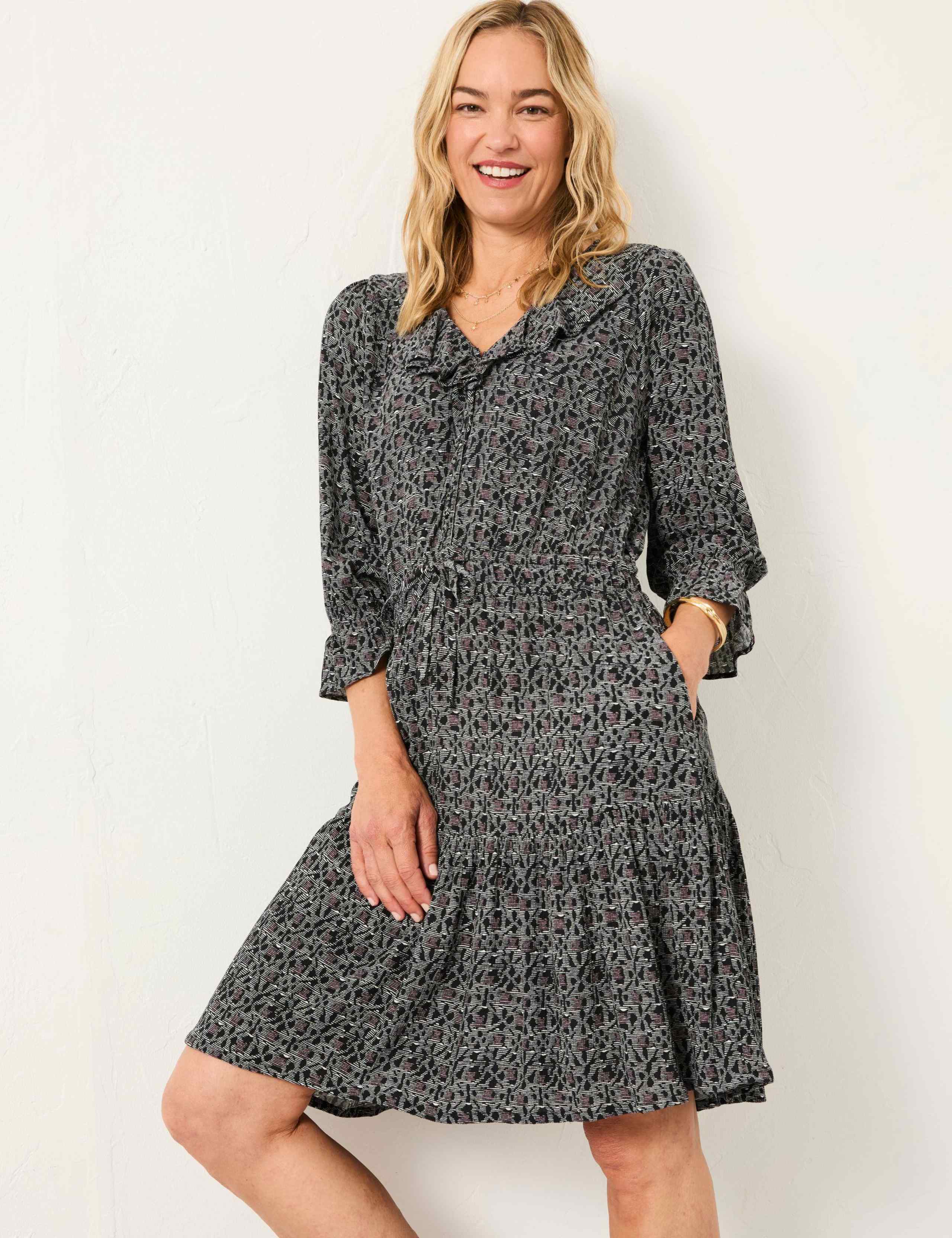 V-Neck Waisted Tiered Dress