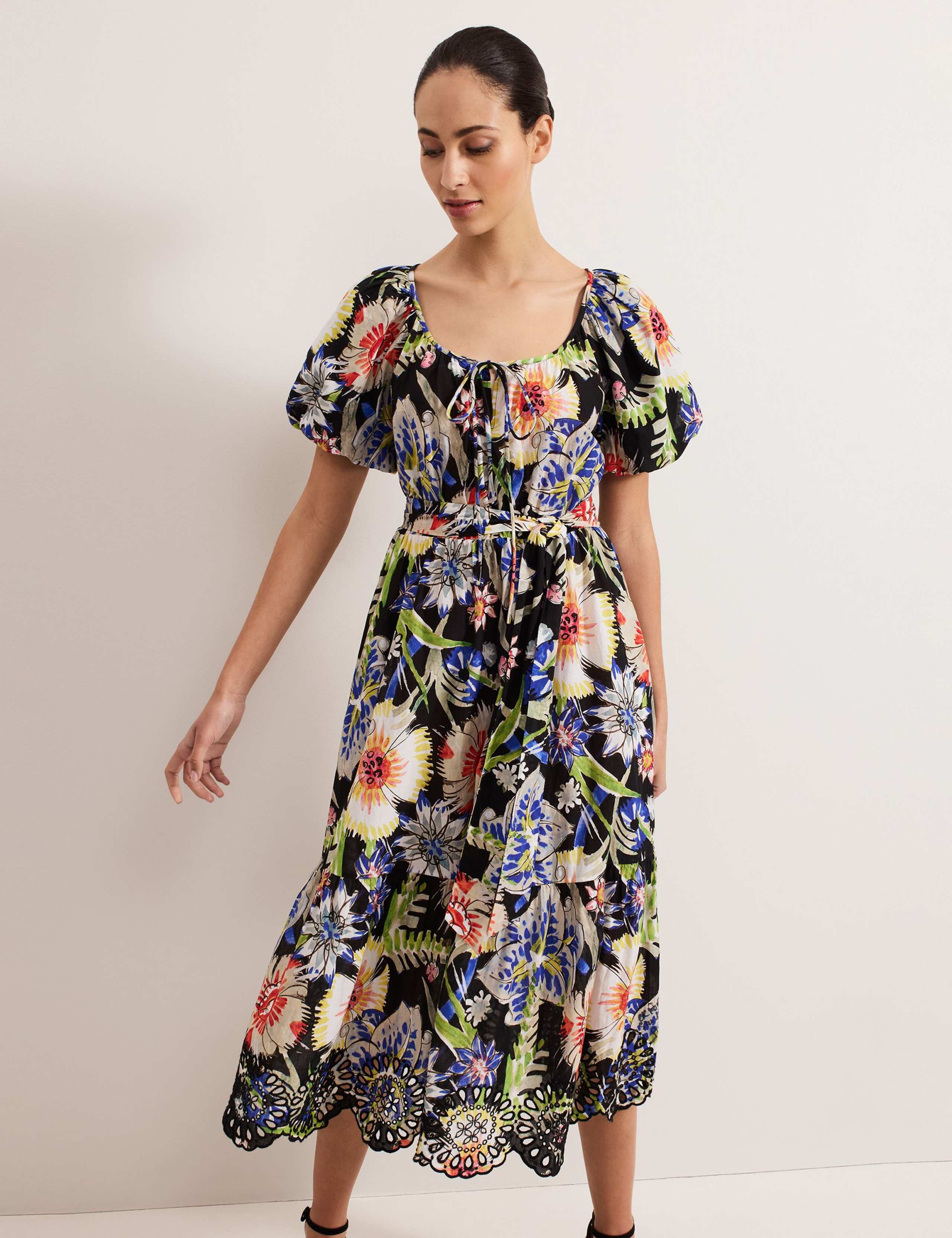 Pure Cotton Floral Midi Waisted Dress