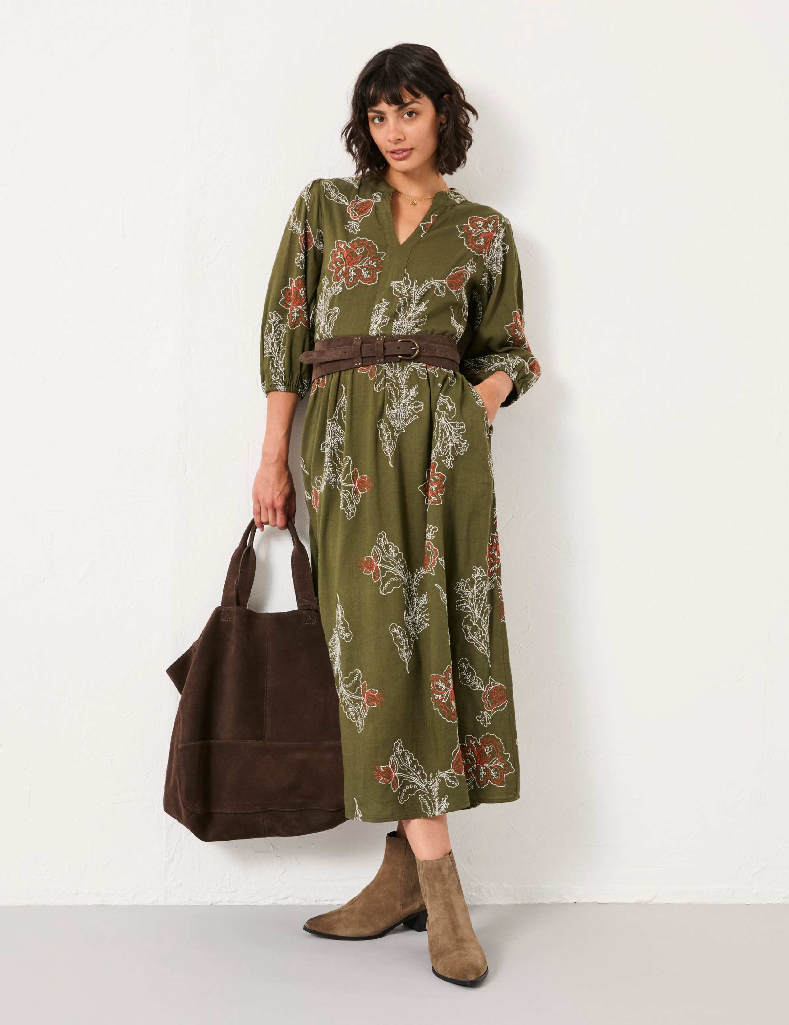 Notch Neck Embroidered Waisted Midi Dress