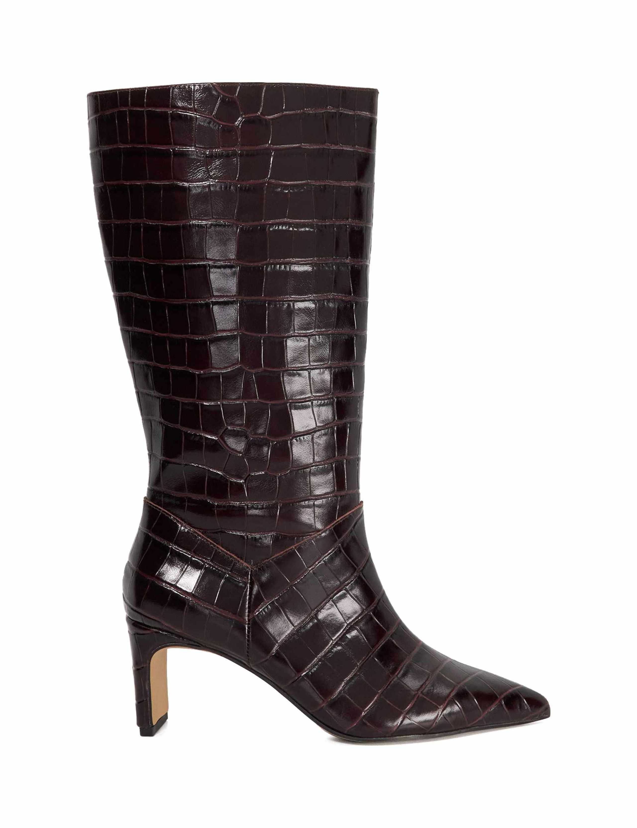 Leather Croc Block Heel Pointed Boots