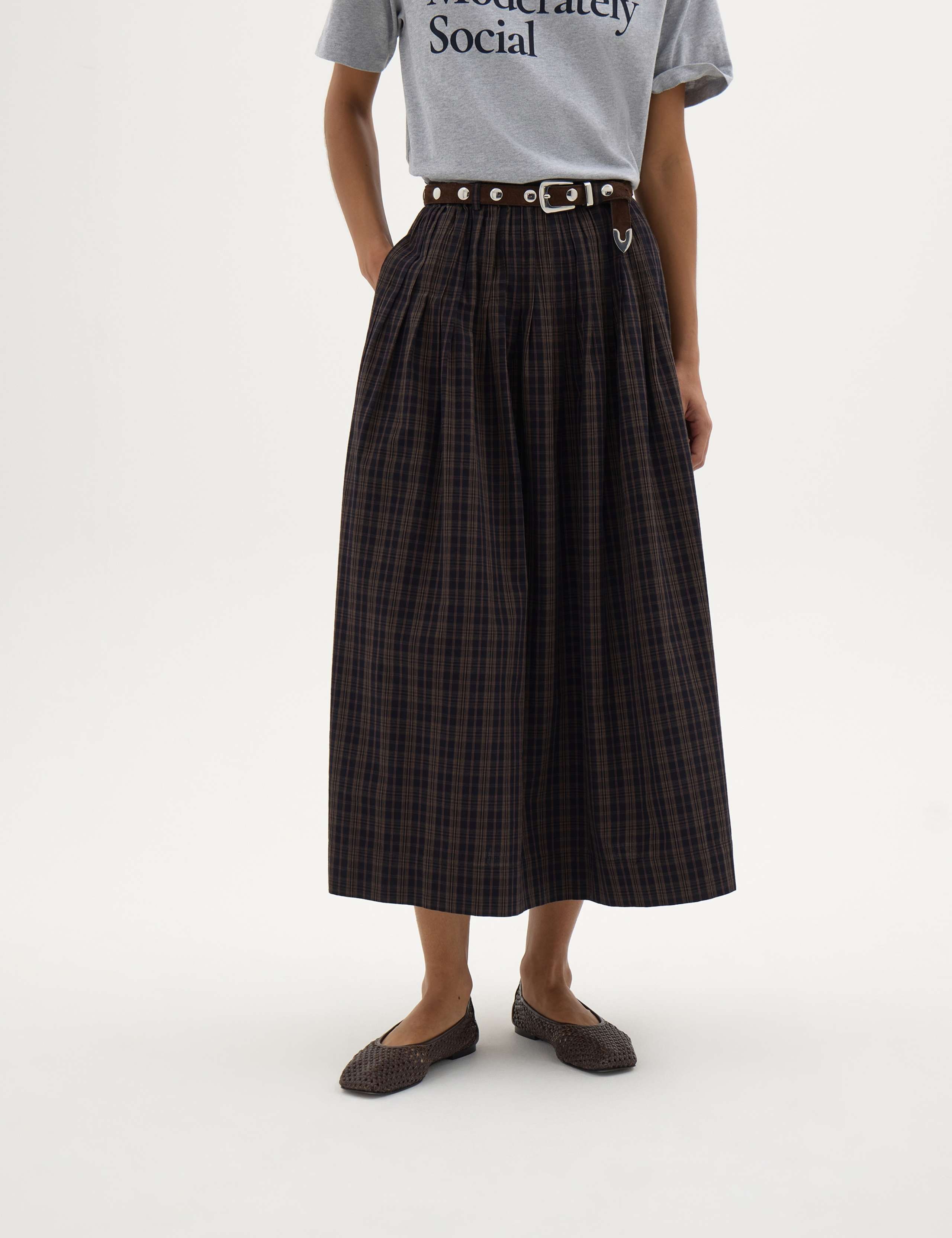 Pure Cotton Checked Midi A-Line Skirt