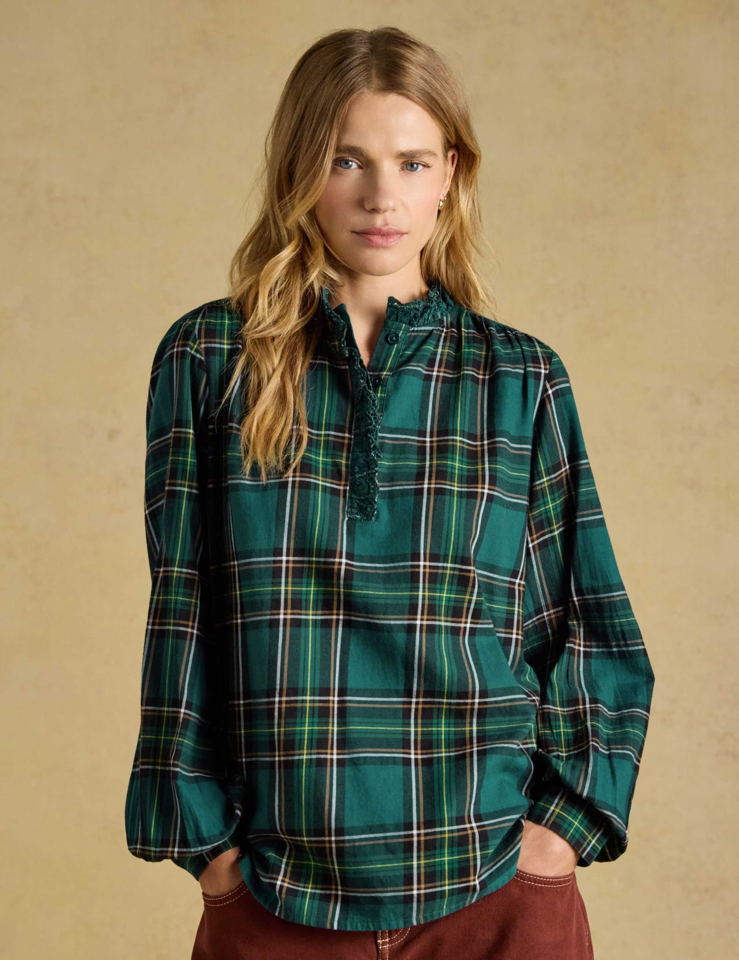 Brushed Cotton Checked High Neck Frill Detail Blouse