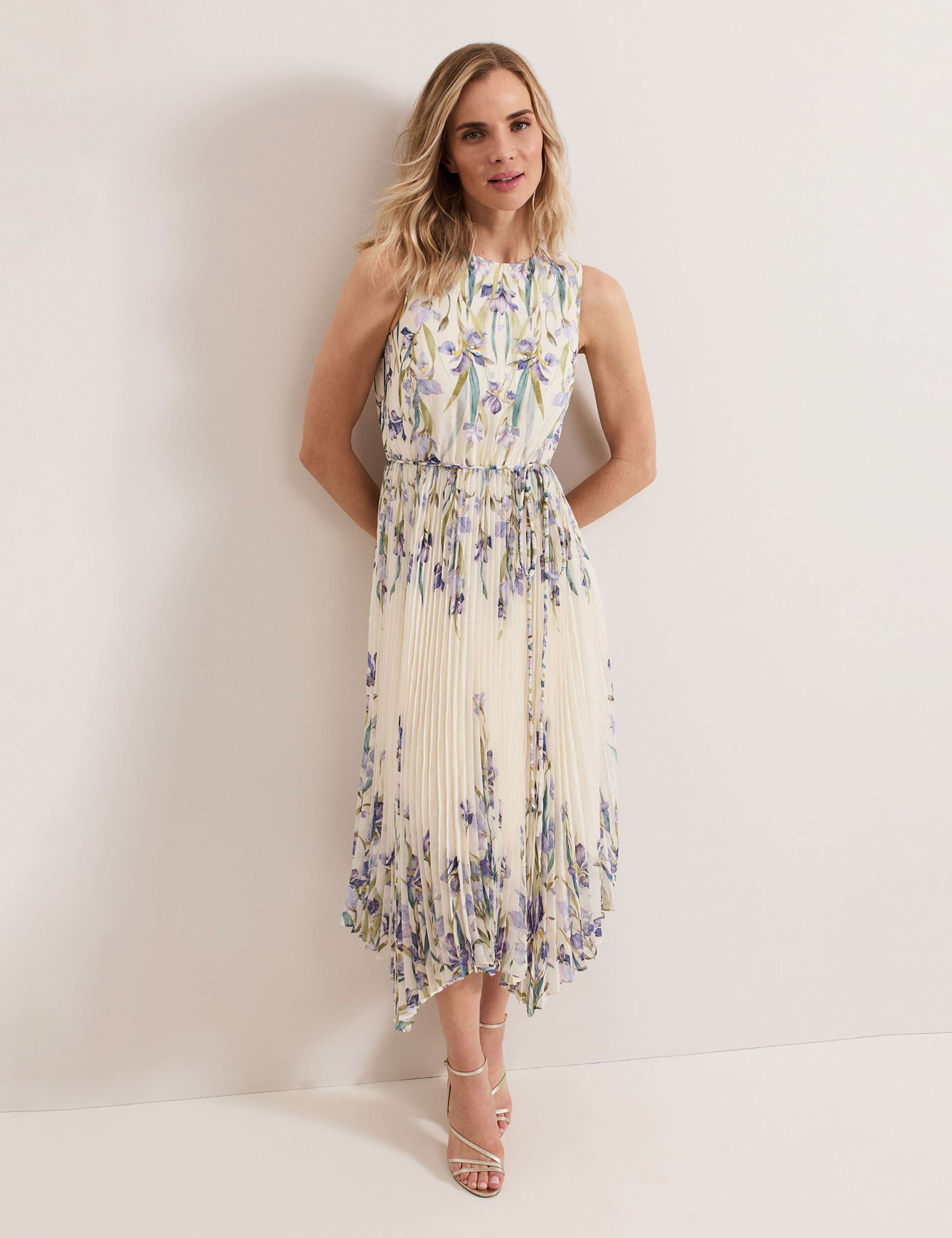 Floral Belted Pleated Midi Skater Dress