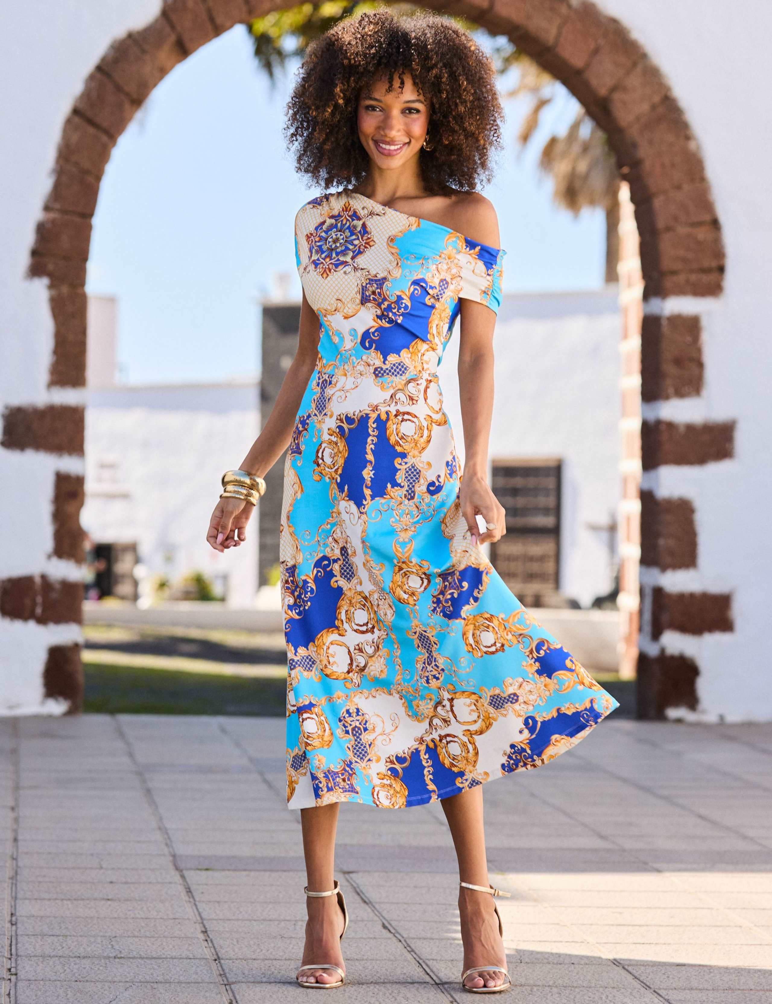 Printed One Shoulder Midi Dress