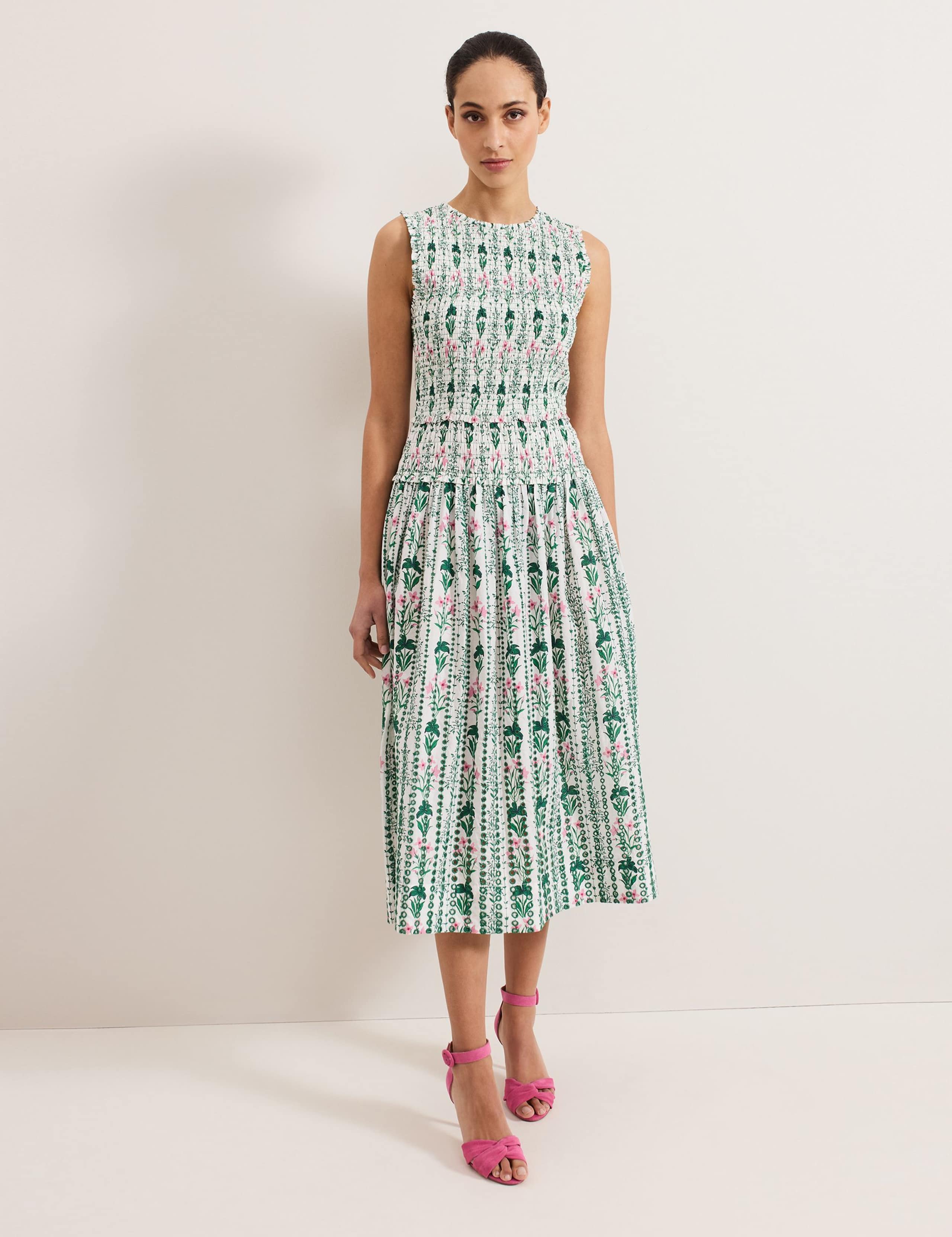 Pure Cotton Floral Shirred Midi Dress