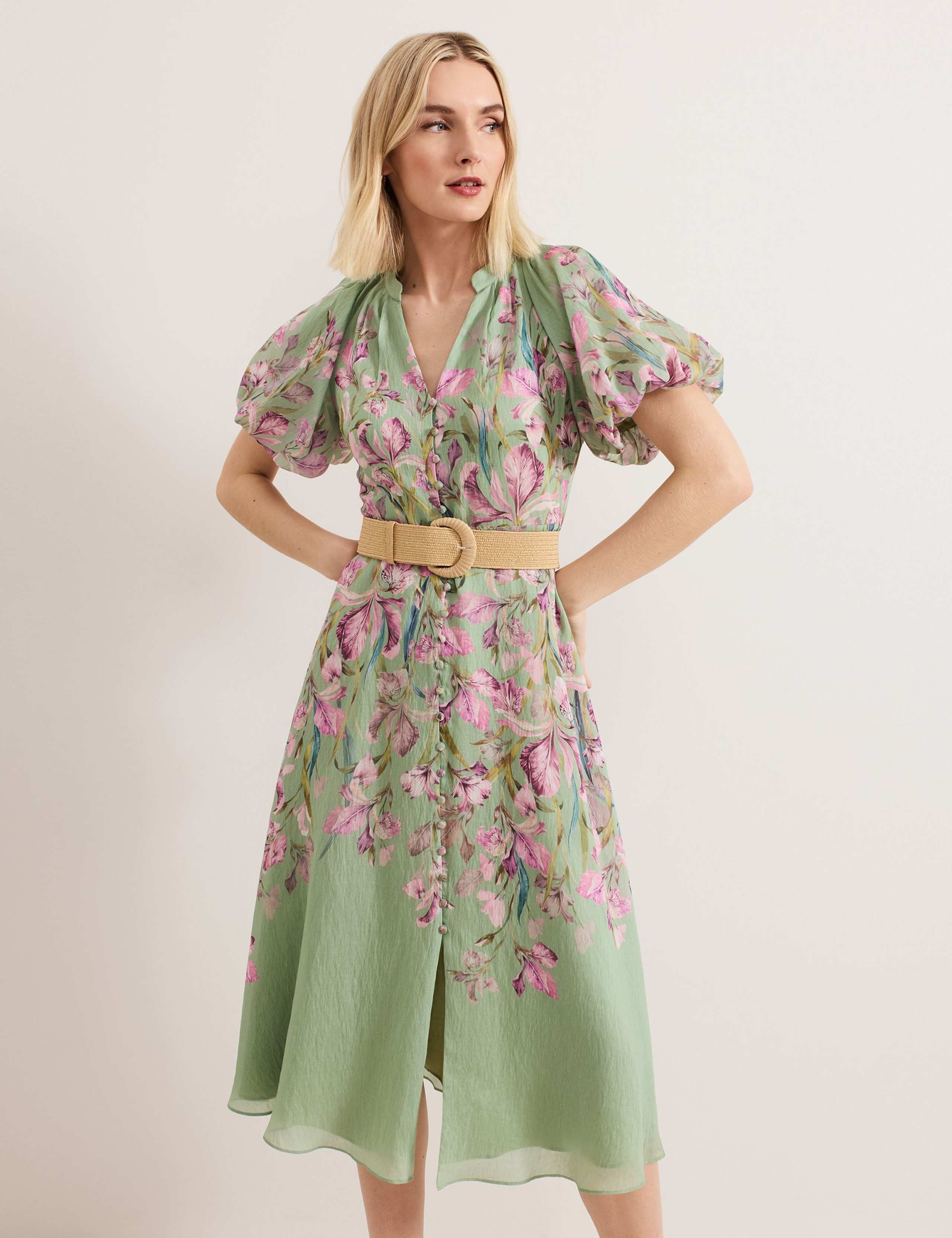 Floral V-Neck Midi Waisted Dress