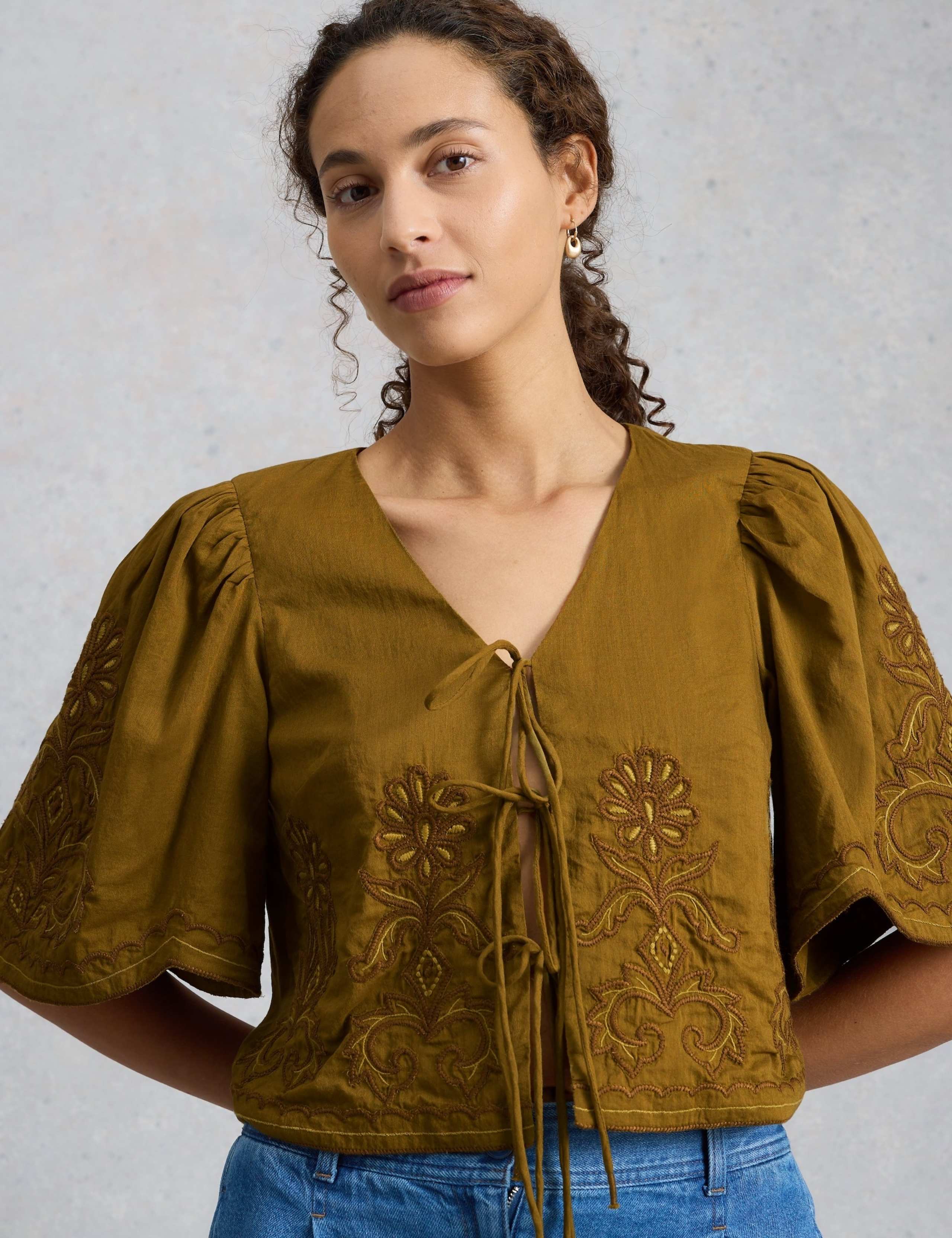Pure Cotton Embroidered Tie Front Top