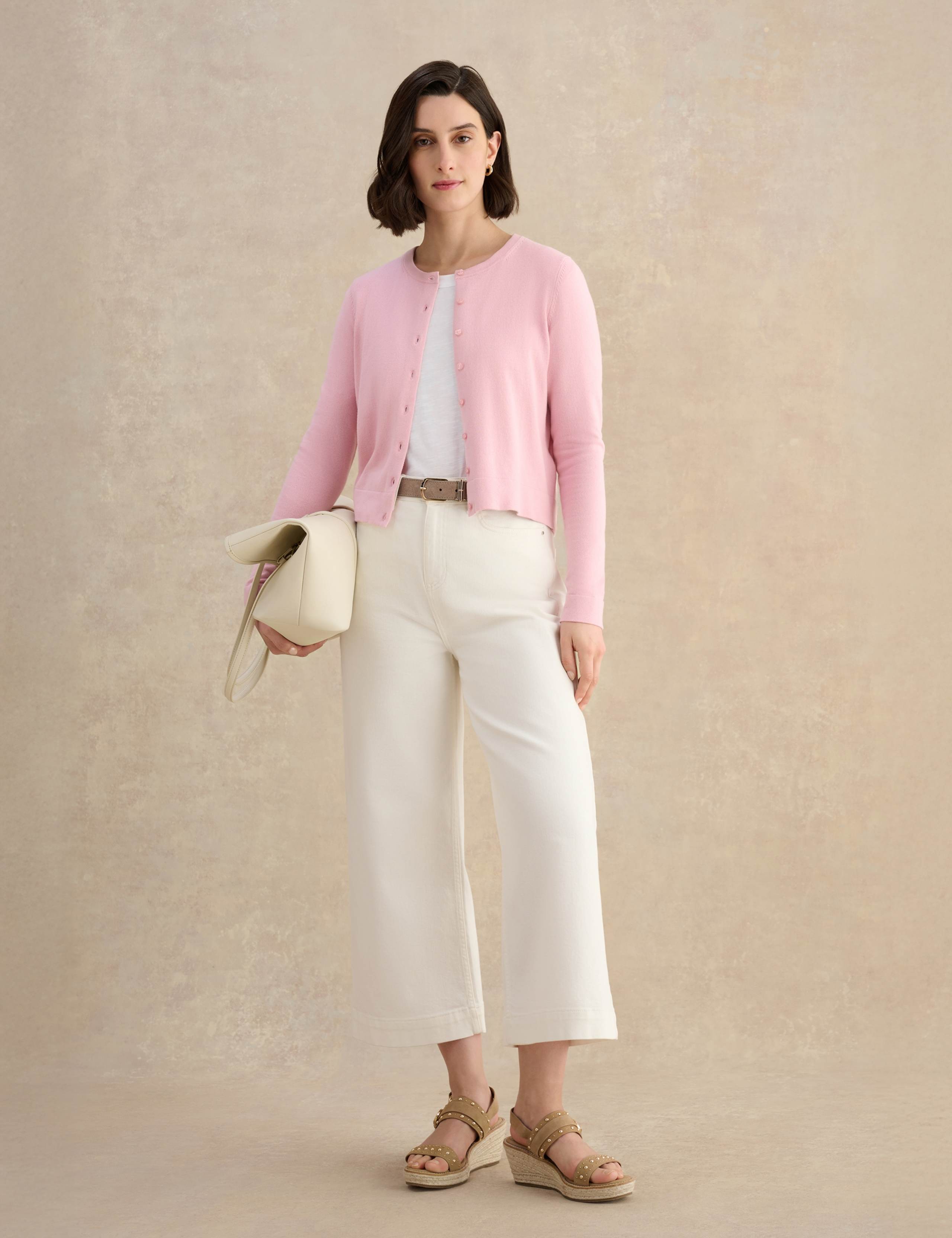Cotton Rich Crew Neck Button Front Cardigan